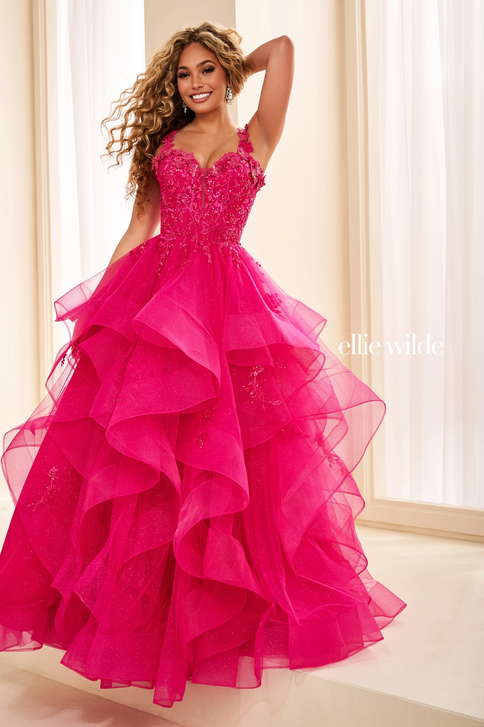 Full size EW35084 GLITTER TULLE BALLGOWN, DETACHABLE OFF SHOULDER STRAPS AND CORSET BODICE #4 Magenta picture