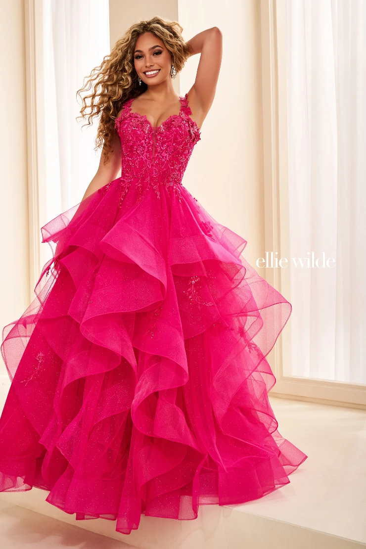 EW35084 GLITTER TULLE BALLGOWN, DETACHABLE OFF SHOULDER STRAPS AND CORSET BODICE #4 Magenta picture