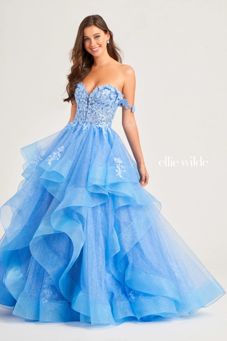 EW35084 GLITTER TULLE BALLGOWN, DETACHABLE OFF SHOULDER STRAPS AND CORSET BODICE #12 Bluebell picture