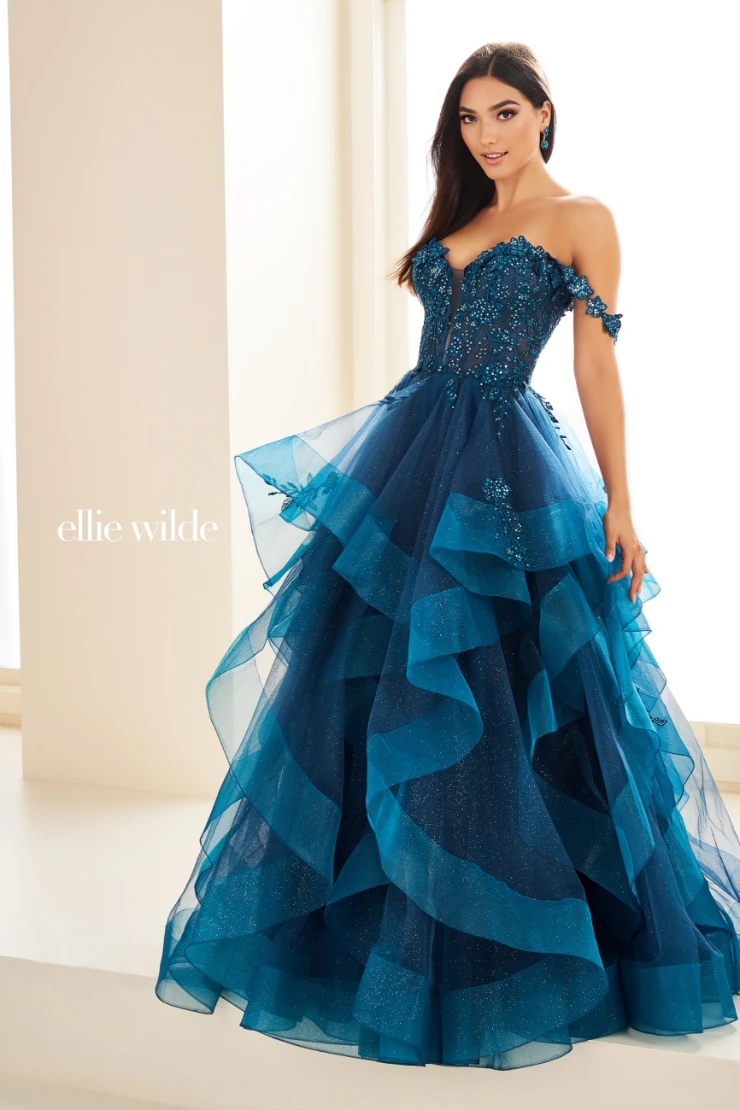 EW35084 GLITTER TULLE BALLGOWN, DETACHABLE OFF SHOULDER STRAPS AND CORSET BODICE #11 Teal picture