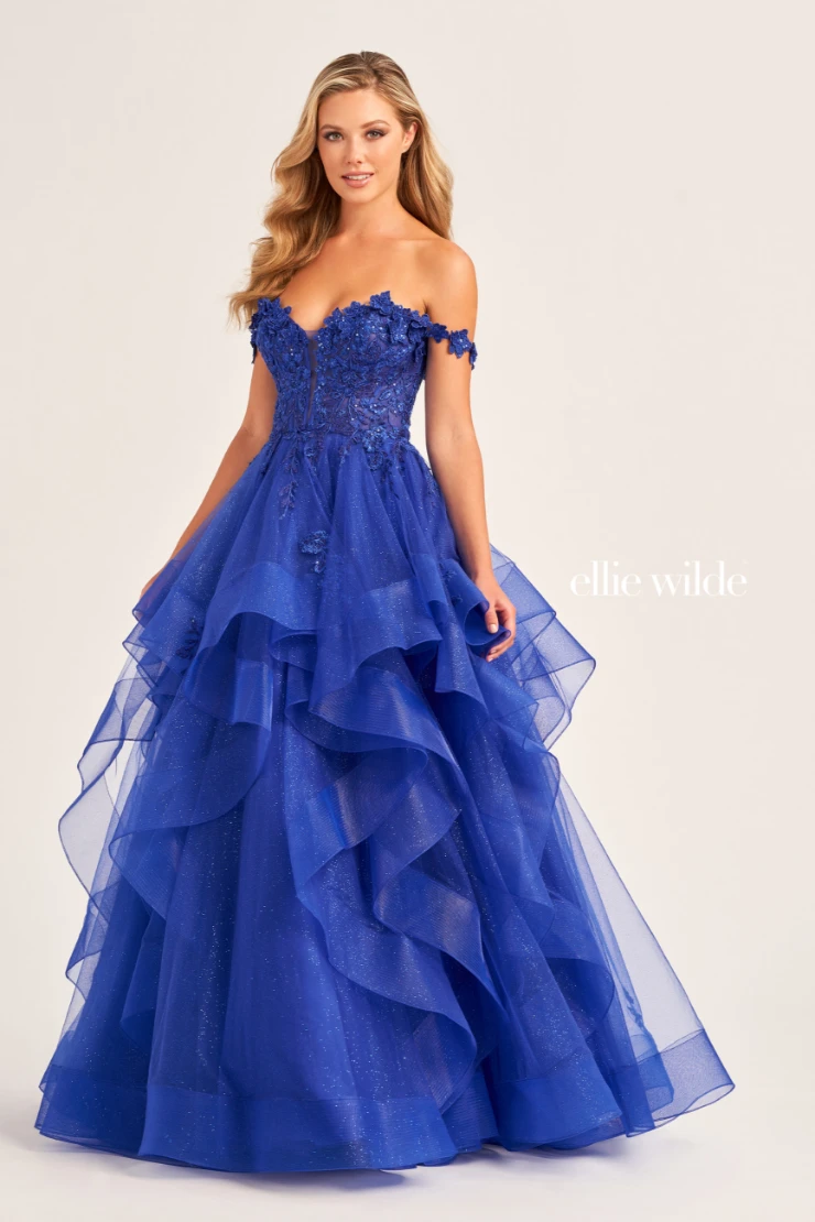 EW35084 GLITTER TULLE BALLGOWN, DETACHABLE OFF SHOULDER STRAPS AND CORSET BODICE #14 Royal Blue picture