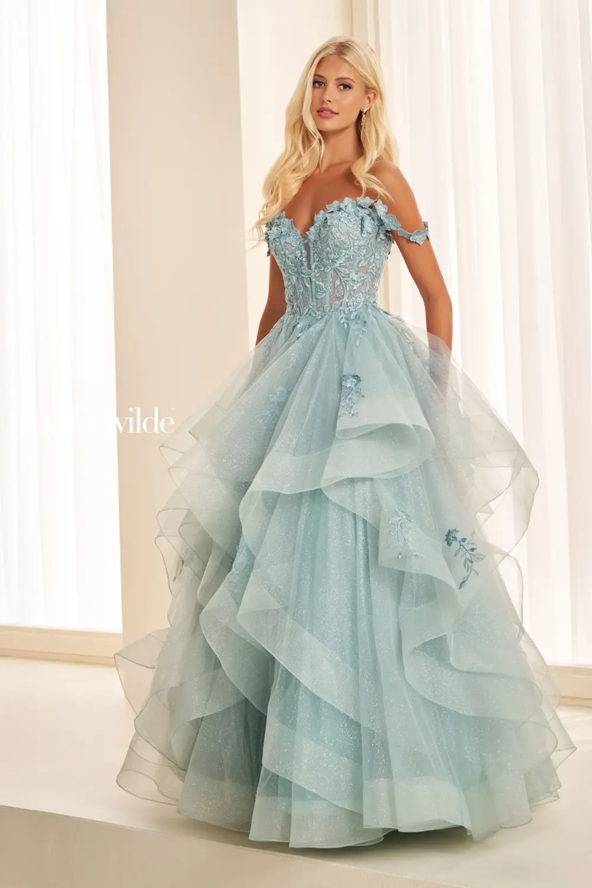 Full size EW35084 GLITTER TULLE BALLGOWN, DETACHABLE OFF SHOULDER STRAPS AND CORSET BODICE #5 Sage picture