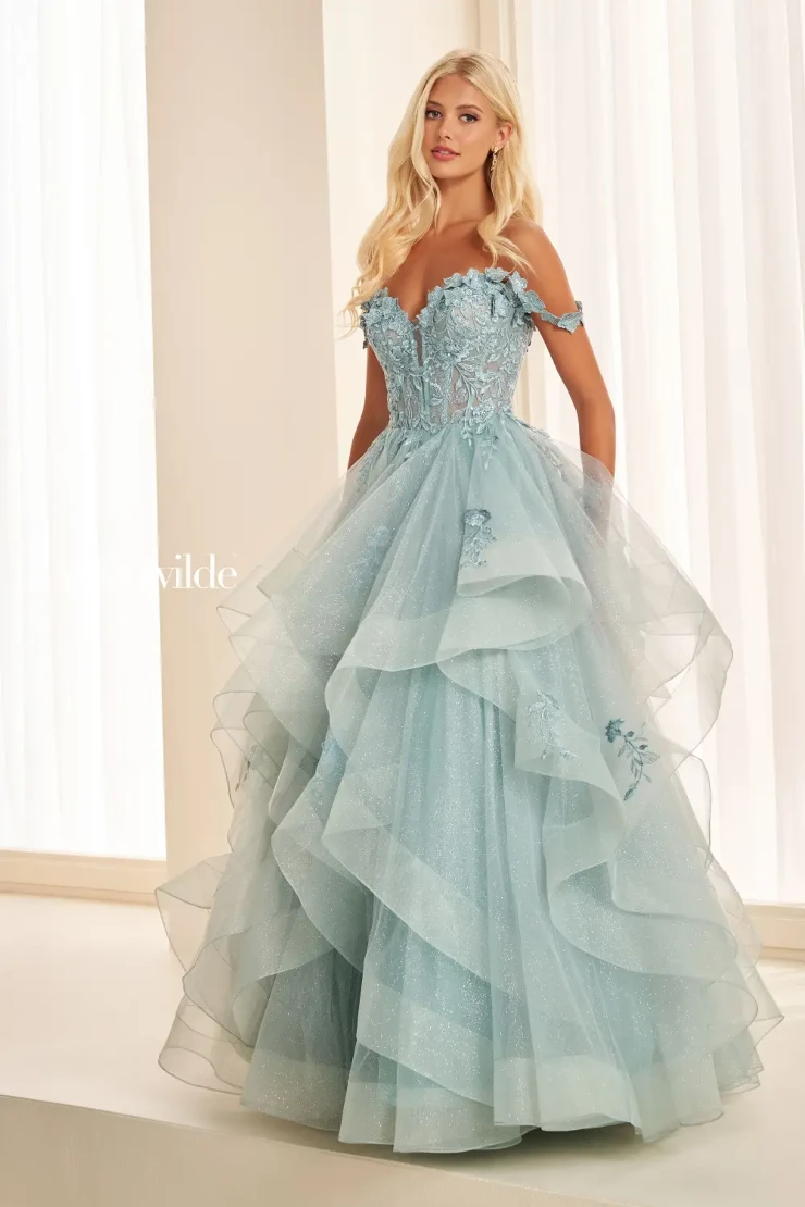 EW35084 GLITTER TULLE BALLGOWN, DETACHABLE OFF SHOULDER STRAPS AND CORSET BODICE #5 Sage picture