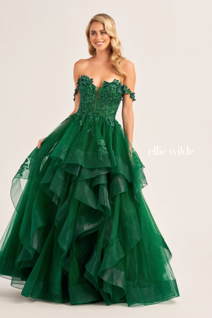 EW35084 GLITTER TULLE BALLGOWN, DETACHABLE OFF SHOULDER STRAPS AND CORSET BODICE #10 Emerald picture