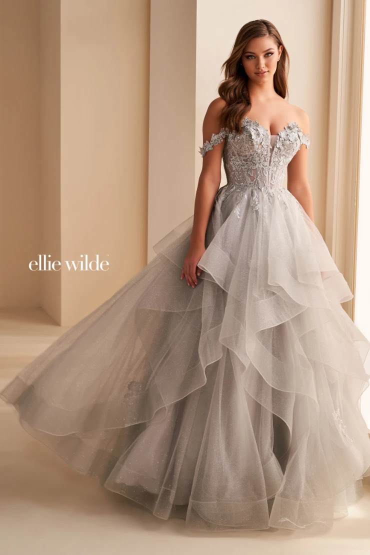 EW35084 GLITTER TULLE BALLGOWN, DETACHABLE OFF SHOULDER STRAPS AND CORSET BODICE #8 Silver picture