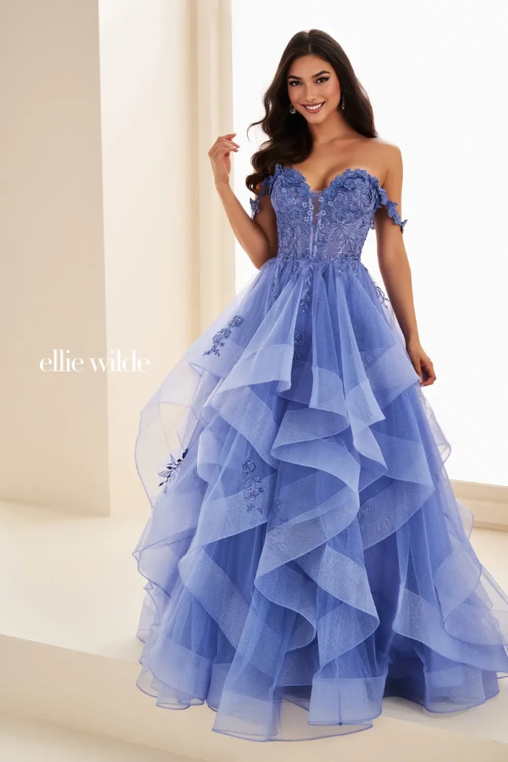 EW35084 GLITTER TULLE BALLGOWN, DETACHABLE OFF SHOULDER STRAPS AND CORSET BODICE #2 Dusk picture