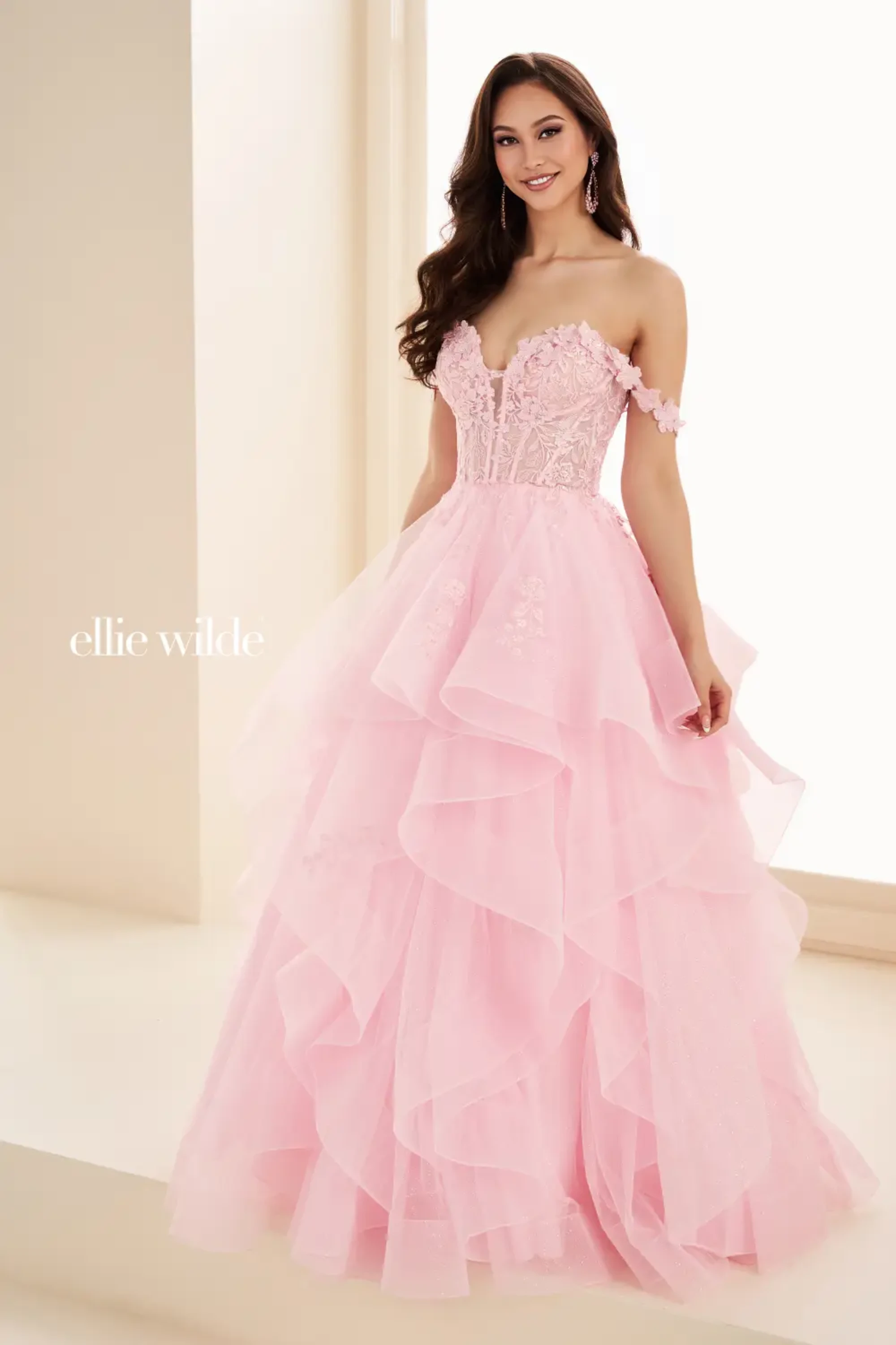 Full size EW35084 GLITTER TULLE BALLGOWN, DETACHABLE OFF SHOULDER STRAPS AND CORSET BODICE #4 Light Pink picture