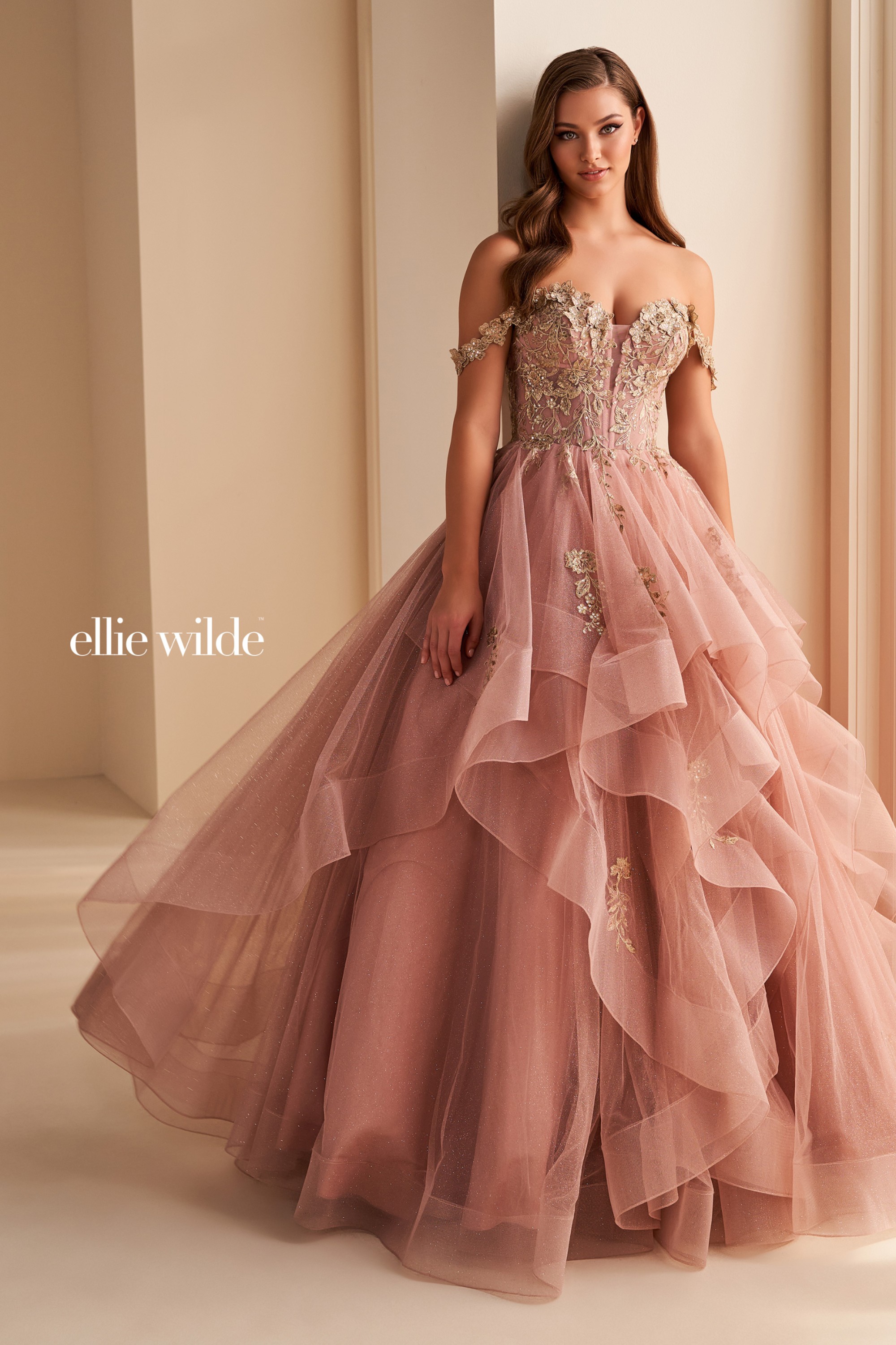 Full size EW35084 Glitter tulle ballgown, detachable off shoulder straps and corset bodice #11 Dusty Rose/Gold picture