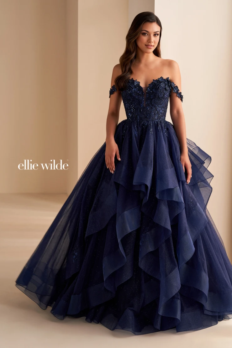 EW35084 GLITTER TULLE BALLGOWN, DETACHABLE OFF SHOULDER STRAPS AND CORSET BODICE #7 Navy Blue picture