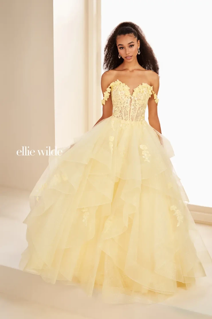 EW35084 GLITTER TULLE BALLGOWN, DETACHABLE OFF SHOULDER STRAPS AND CORSET BODICE #3 Light Yellow picture