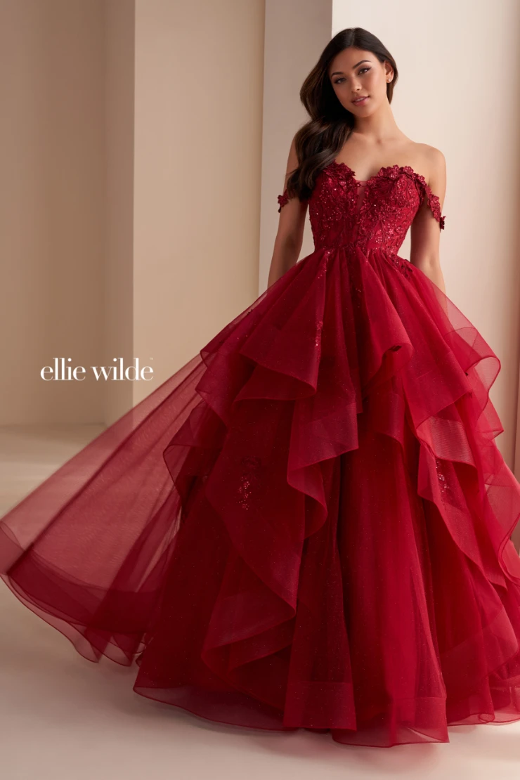 EW35084 GLITTER TULLE BALLGOWN, DETACHABLE OFF SHOULDER STRAPS AND CORSET BODICE #9 Wine picture