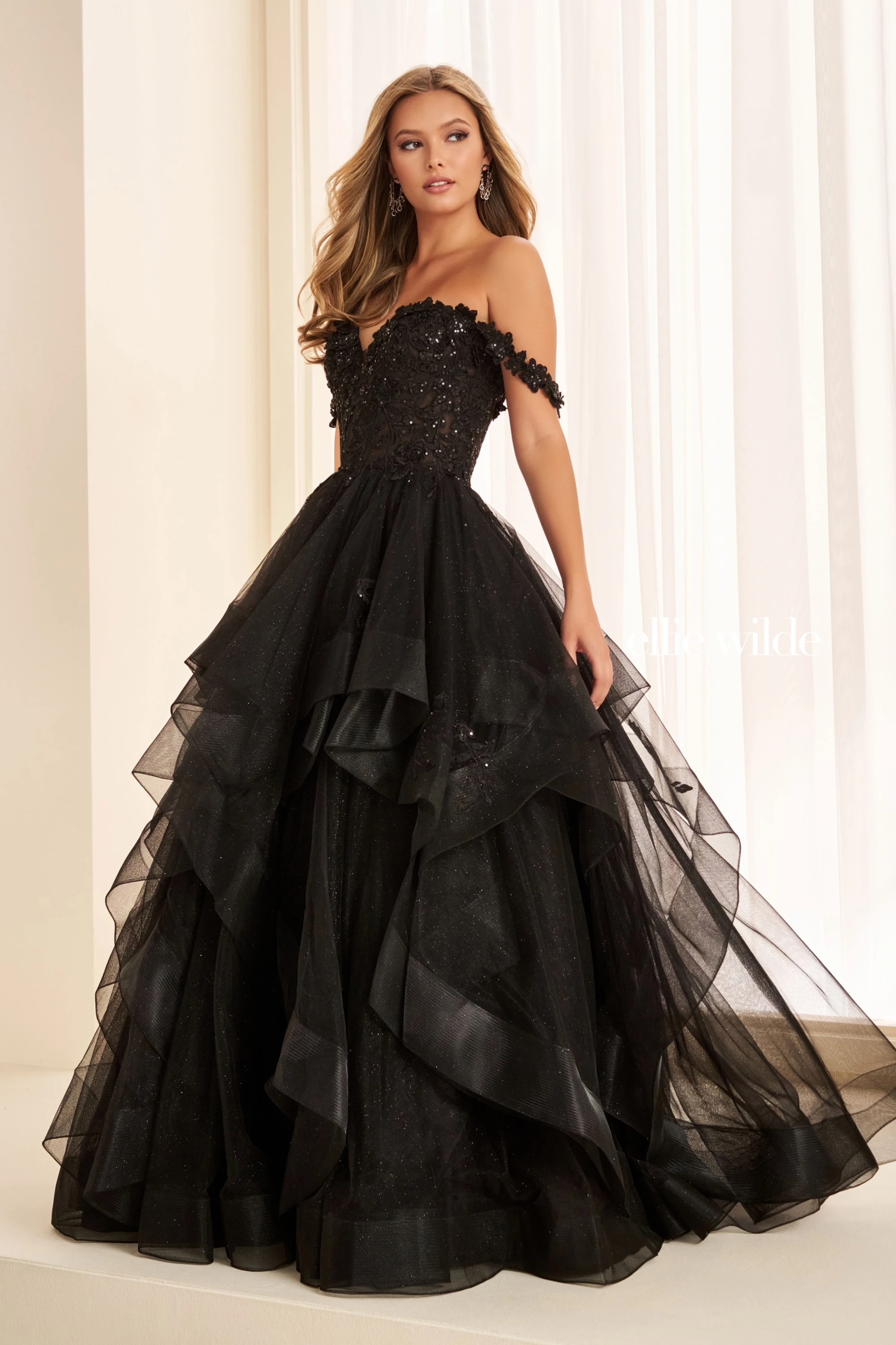 Full size EW35084 GLITTER TULLE BALLGOWN, DETACHABLE OFF SHOULDER STRAPS AND CORSET BODICE #3 Black picture
