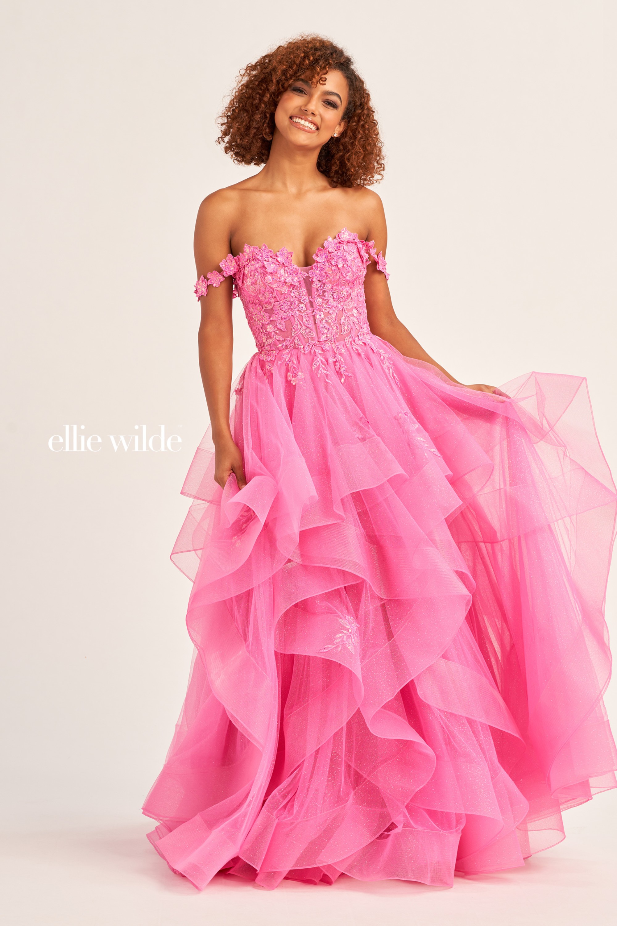 Full size EW35084 Glitter tulle ballgown, detachable off shoulder straps and corset bodice #7 Hot Pink picture