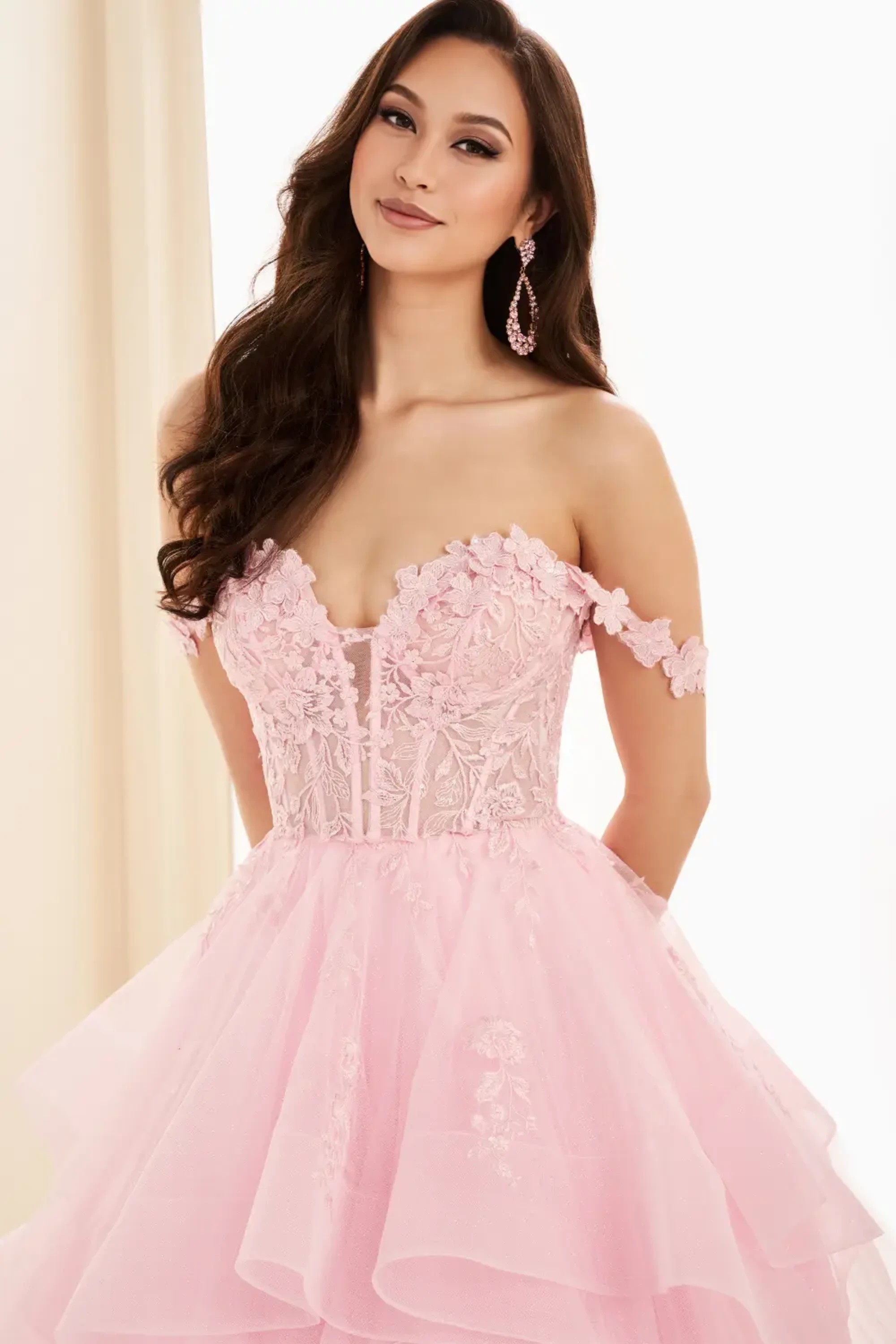 Full size EW35084 GLITTER TULLE BALLGOWN, DETACHABLE OFF SHOULDER STRAPS AND CORSET BODICE #11 Light Pink picture