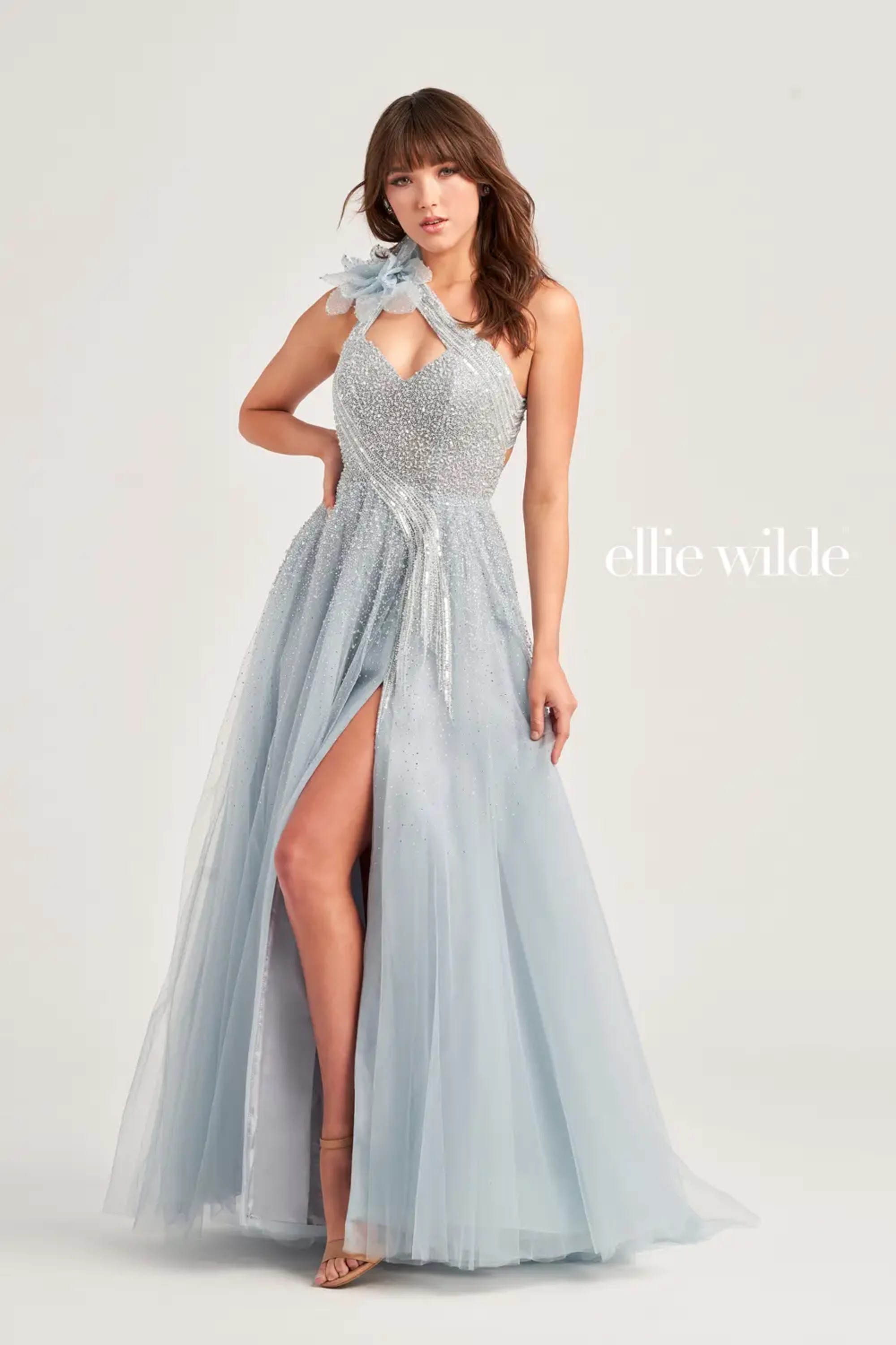 Full size EW35086 BEADED ONE SHOULDER A-LINE PROM DRESS WITH ORGANZA AND TULLE SKIRT #3 Misty Blue picture