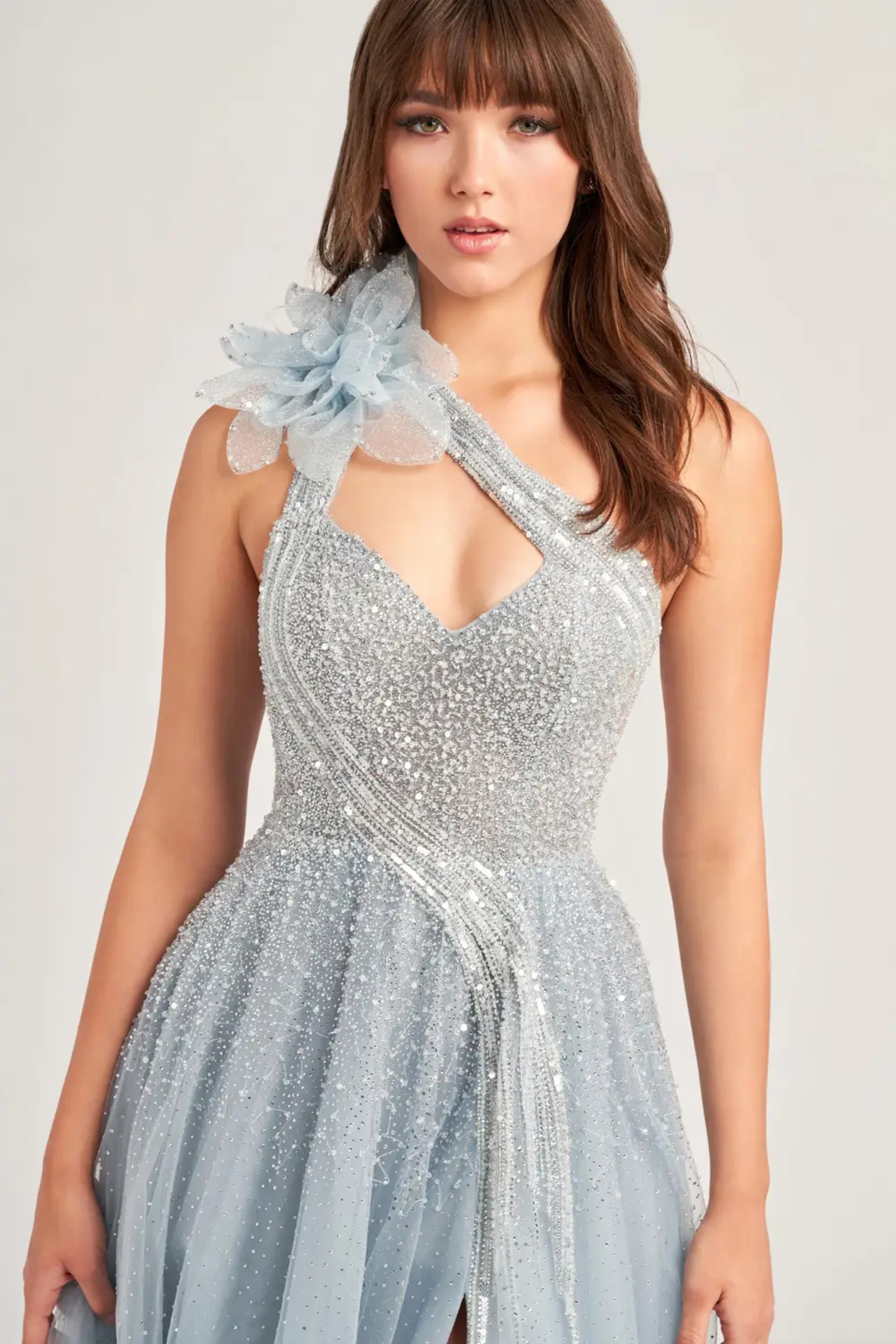 Full size EW35086 BEADED ONE SHOULDER A-LINE PROM DRESS WITH ORGANZA AND TULLE SKIRT #4 Misty Blue picture