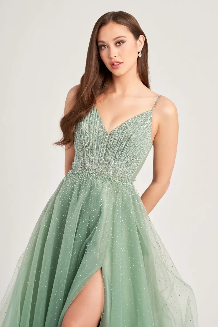 EW35088 BEADED V NECK BODICE WITH GLITTER TULLE SKIRT AND HIGH SLIT #3 Sea Mist picture
