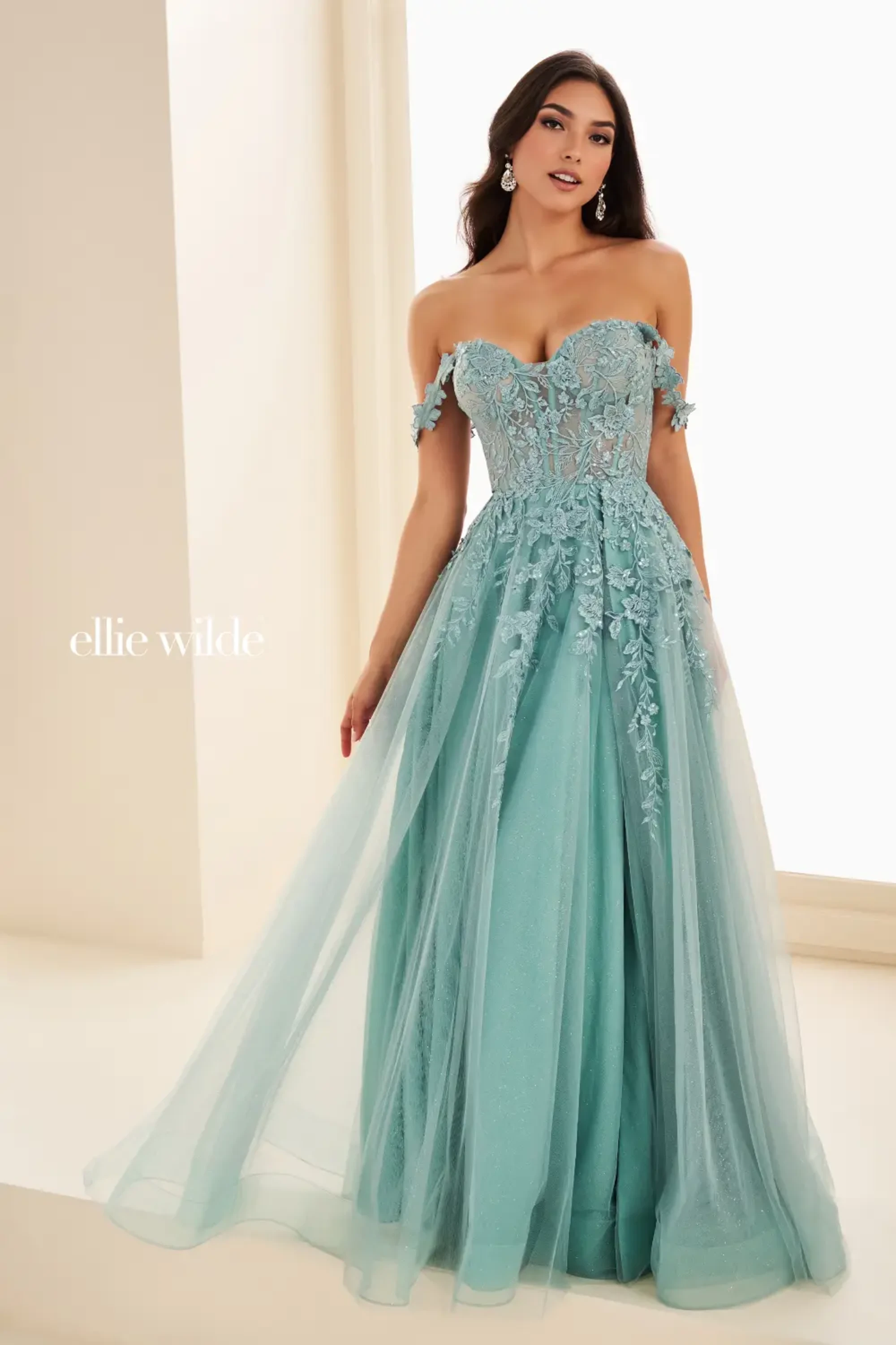 Full size EW35101 a-line prom dress with glitter tulle and floral lace appliqués #7 Sage picture