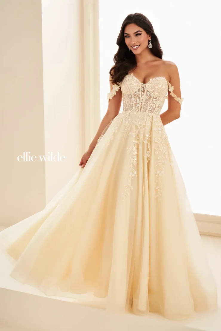 EW35101 a-line prom dress with glitter tulle and floral lace appliqués #3 Honeysuckle picture