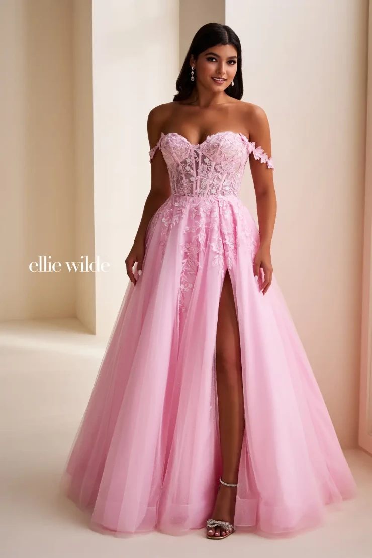 EW35101 a-line prom dress with glitter tulle and floral lace appliqués #8 Baby Pink picture