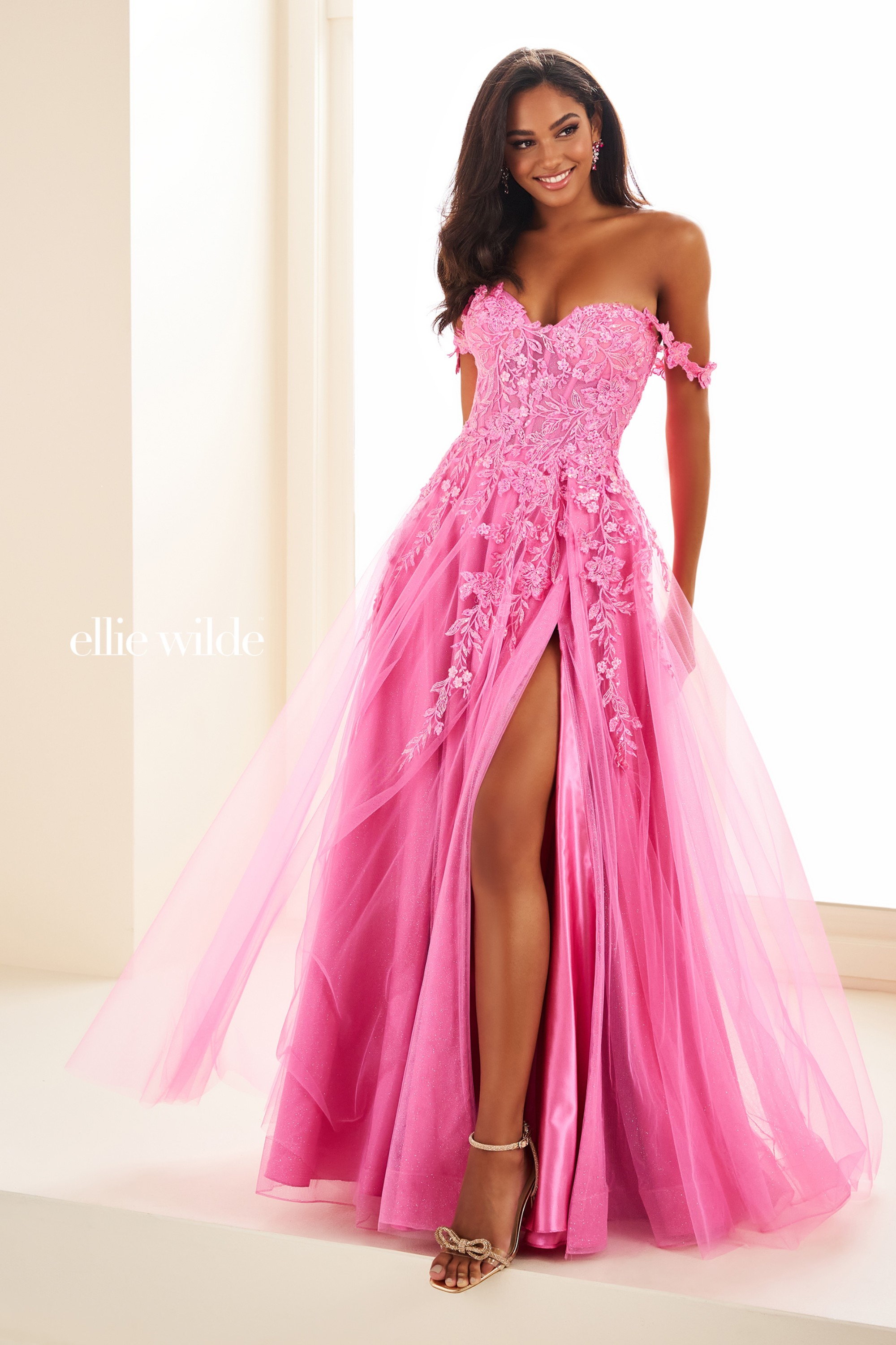 Full size EW35101 a-line prom dress with glitter tulle and floral lace appliqués #1 Hot Pink picture