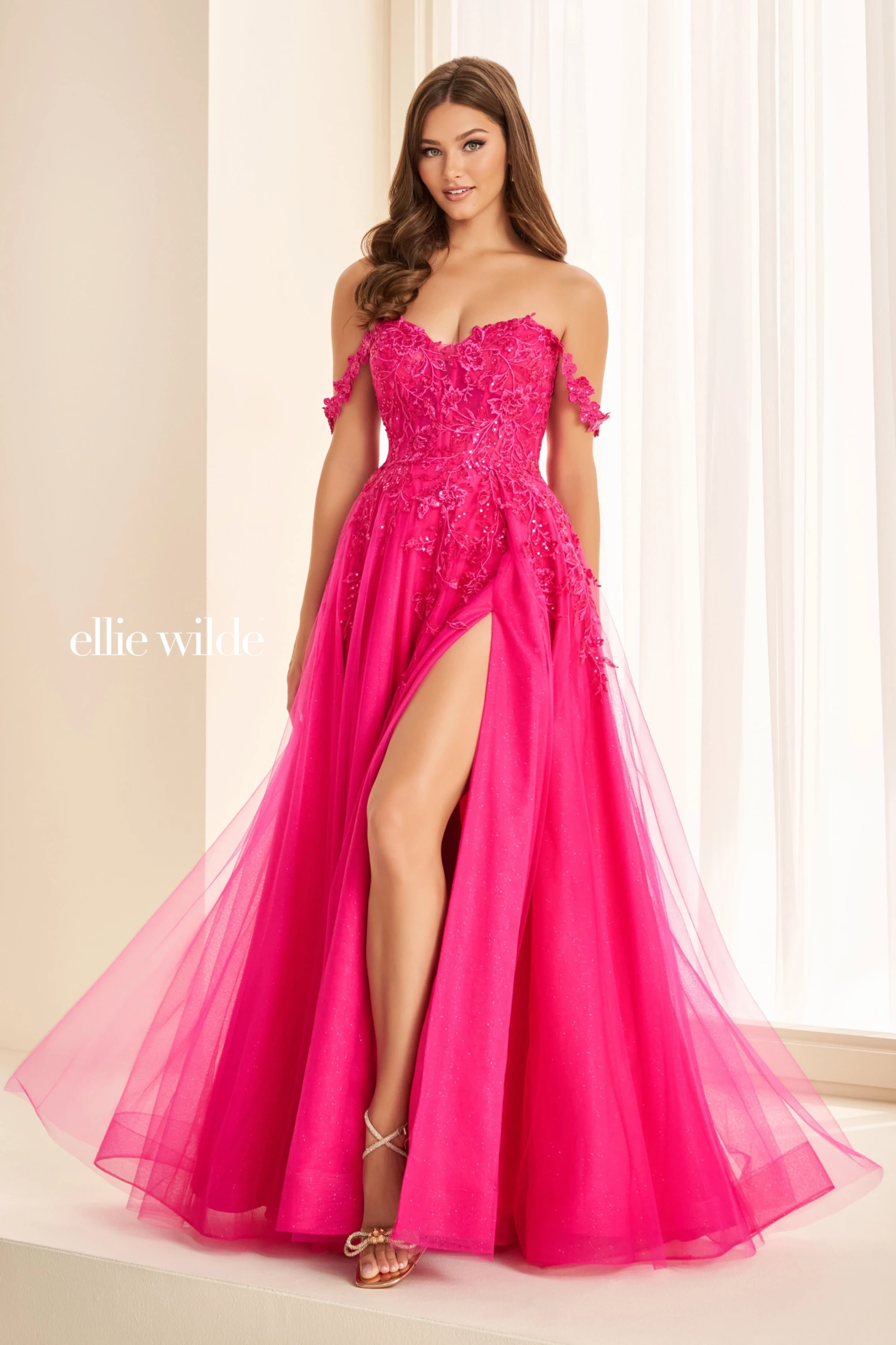 Full size EW35101 a-line prom dress with glitter tulle and floral lace appliqués #0 default Magenta picture