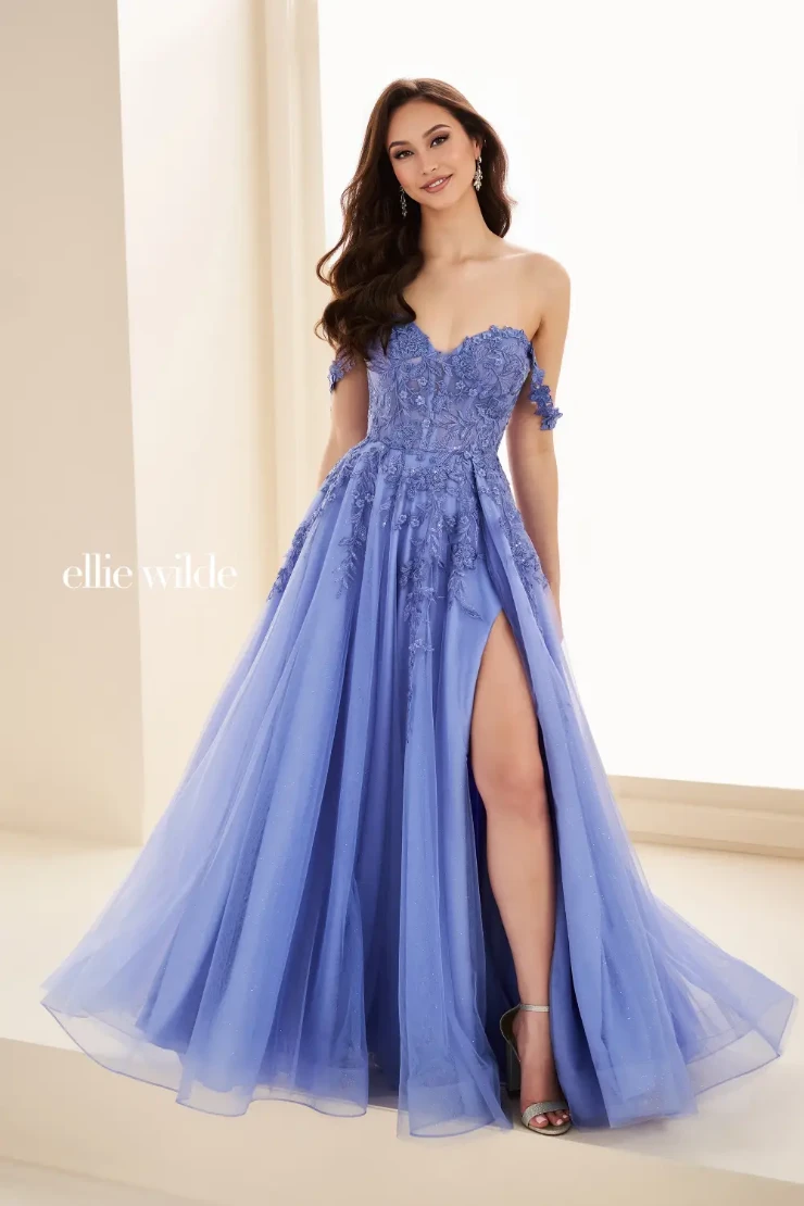 EW35101 a-line prom dress with glitter tulle and floral lace appliqués #4 Dusk picture