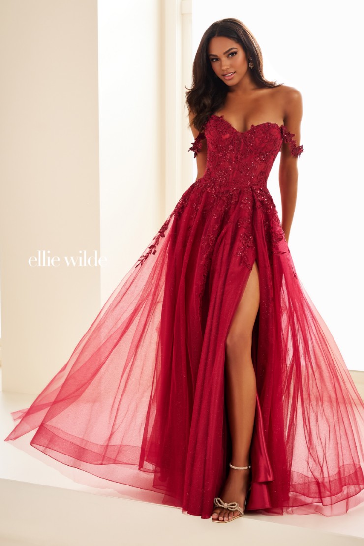 EW35101 a-line prom dress with glitter tulle and floral lace appliqués #0 default Wine picture
