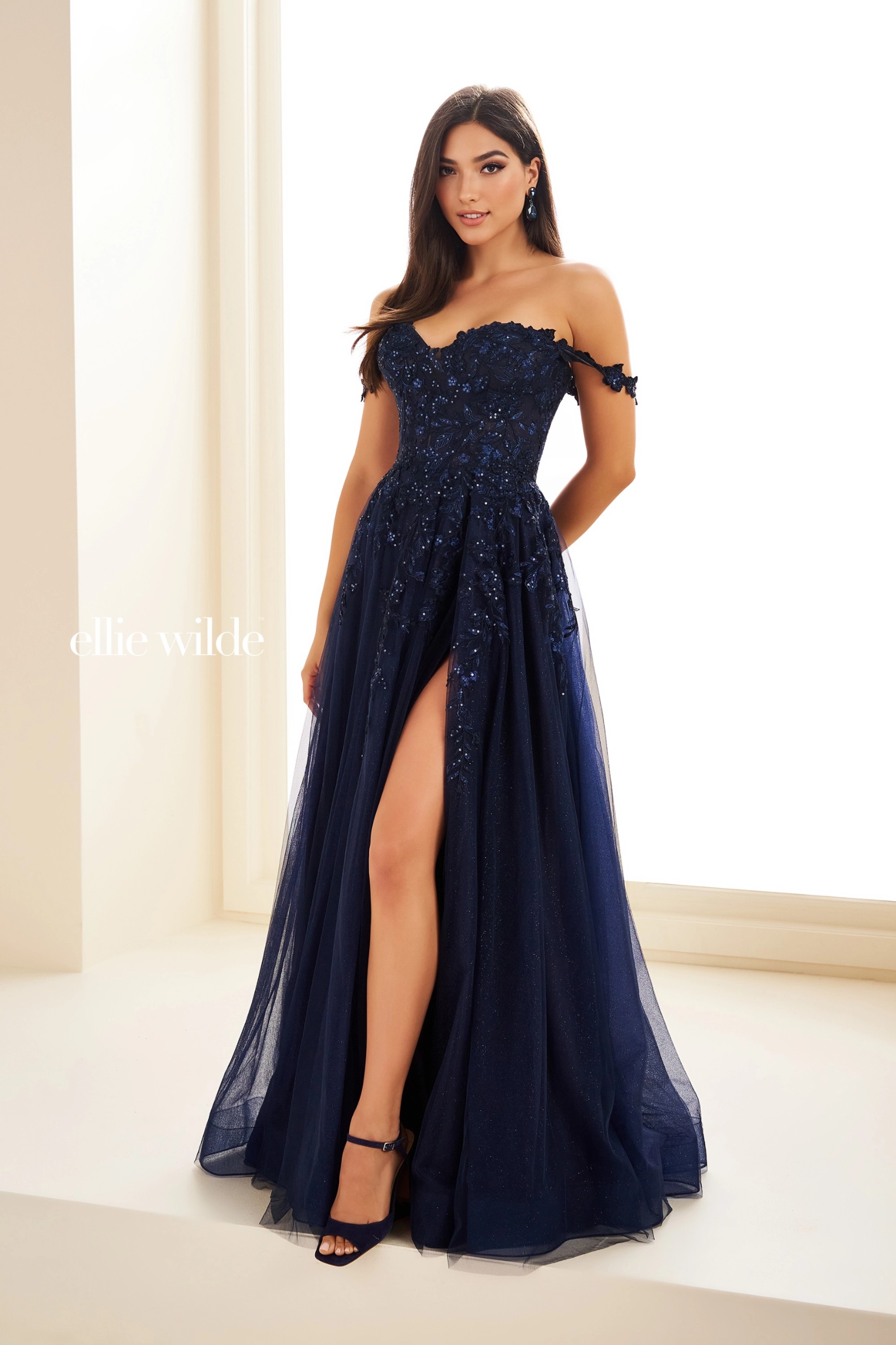 Full size EW35101 a-line prom dress with glitter tulle and floral lace appliqués #15 Navy Blue picture