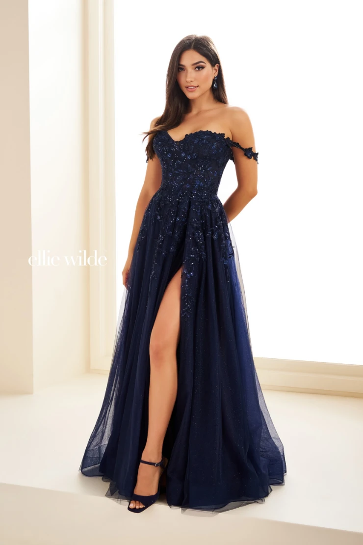EW35101 a-line prom dress with glitter tulle and floral lace appliqués #9 Navy Blue picture