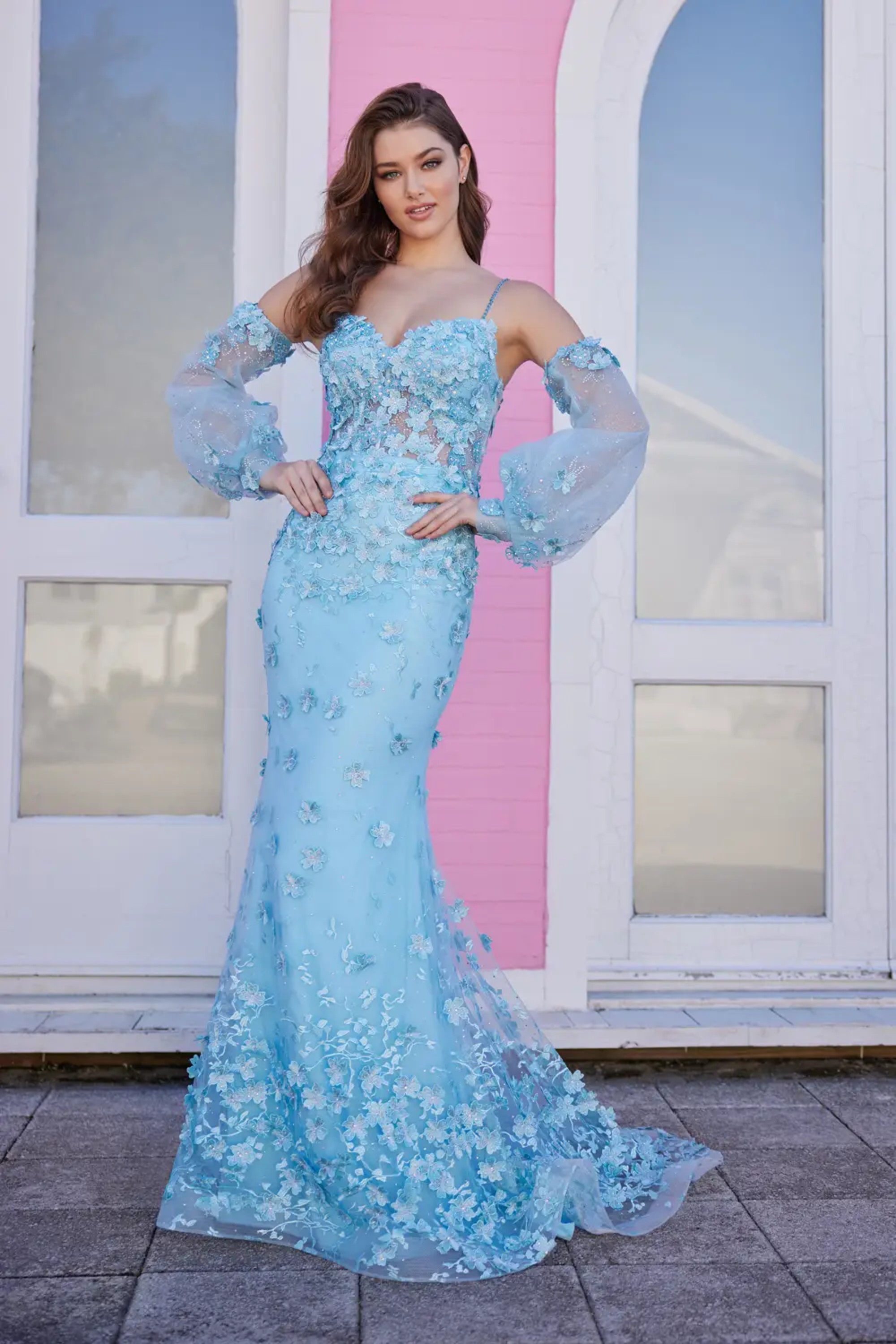 Full size EW35107 THREE-DIMENSIONAL FLOWERS ON SWEETHEART FIT AND FLARE PROM DRESS WITH SEPERATE LONG SLEEVES #0 default Light Blue picture