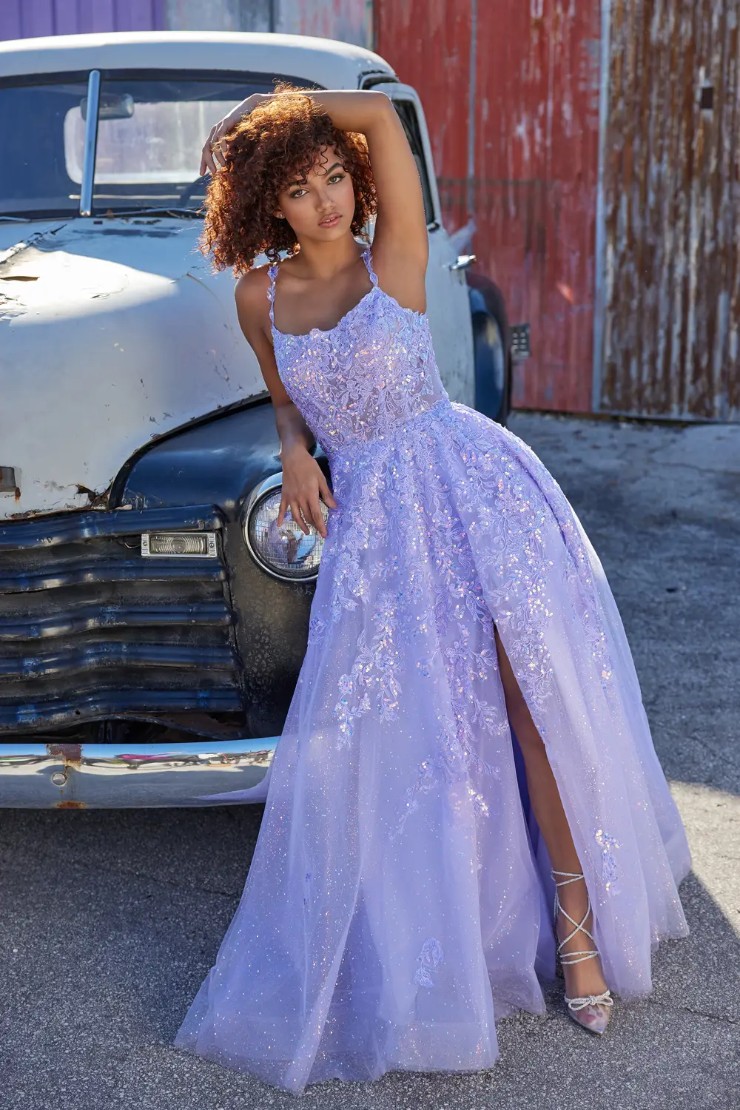 EW35114 SCOOP NECK A-LINE WITH SEQUIN TULLE AND FRONT SLIT #0 default Lilac picture