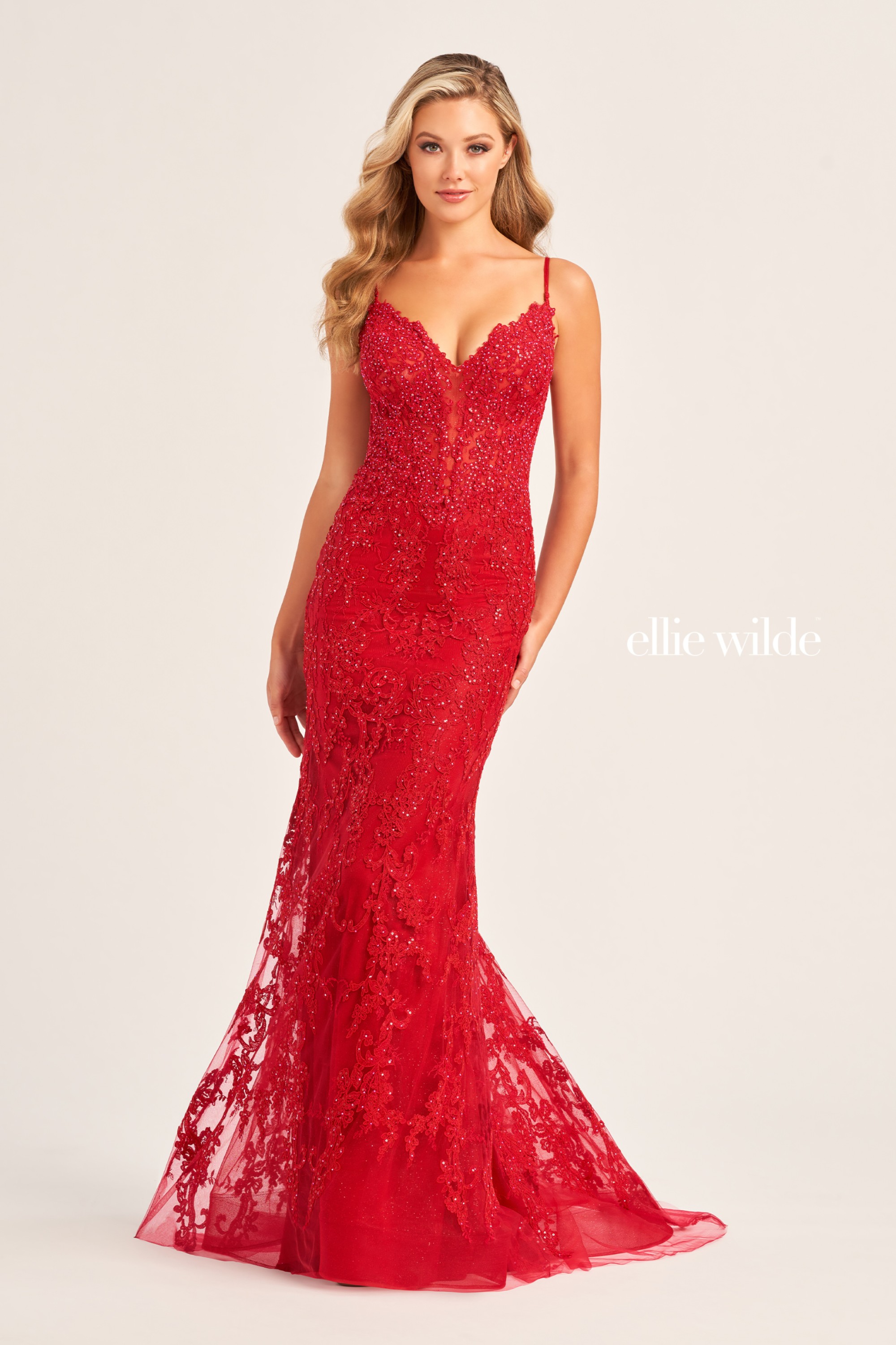 Full size EW35115 LACE FIT AND FLARE WITH PLUNGING V-NECK AND CUT OUT BACK #4 Ruby picture