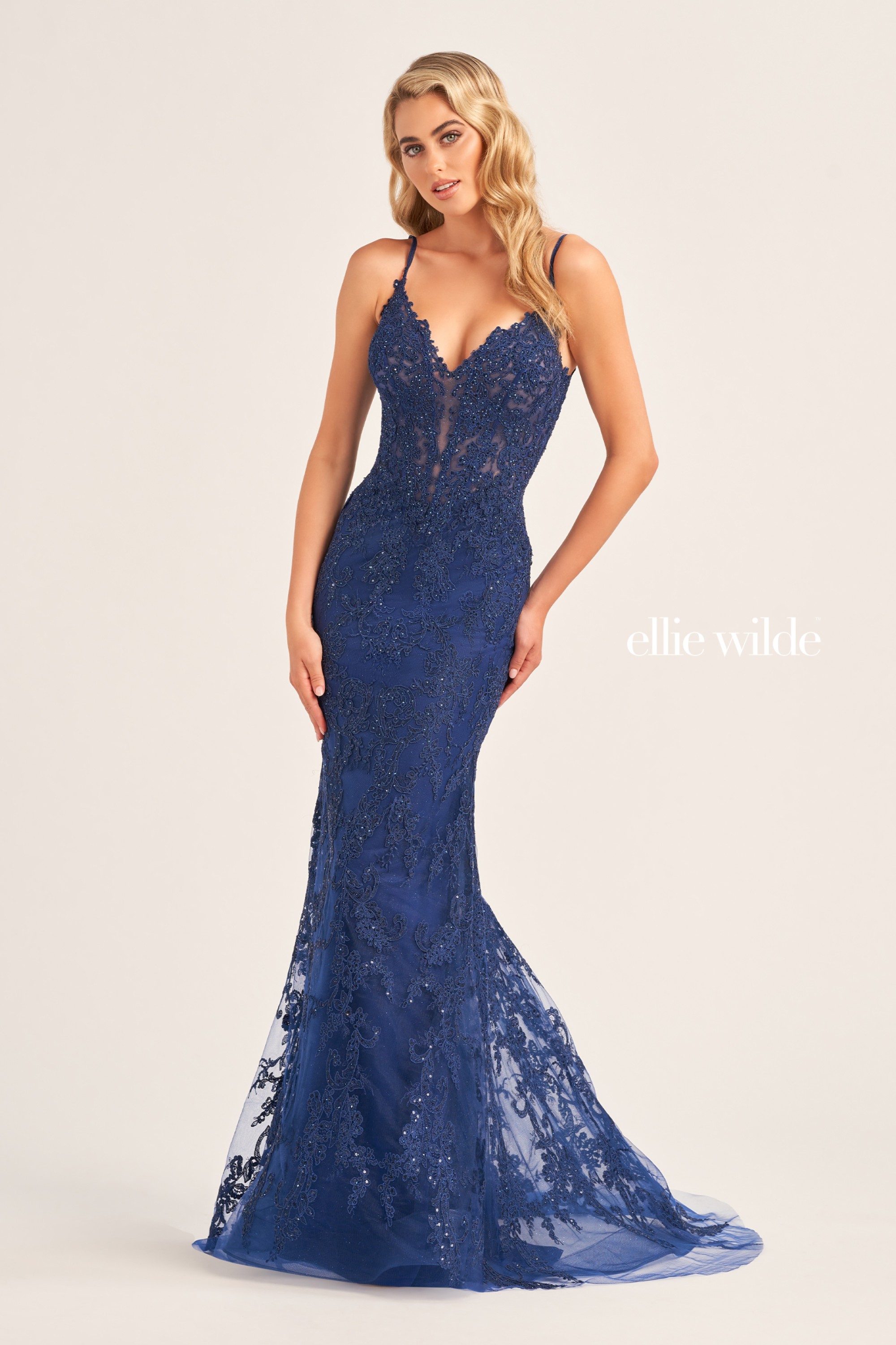 Full size EW35115 LACE FIT AND FLARE WITH PLUNGING V-NECK AND CUT OUT BACK #3 Navy Blue picture