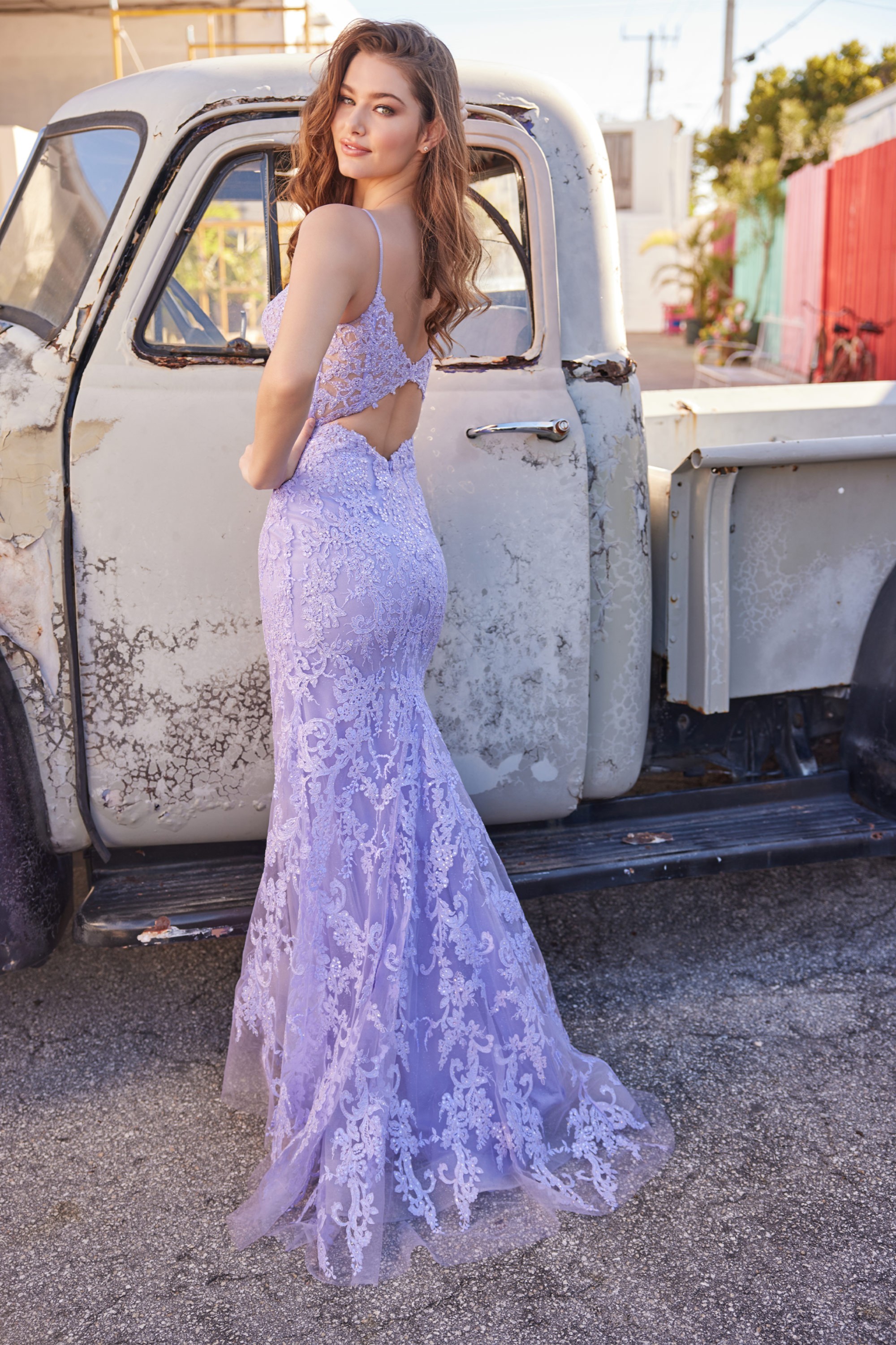 Full size EW35115 LACE FIT AND FLARE WITH PLUNGING V-NECK AND CUT OUT BACK #2 Lilac picture