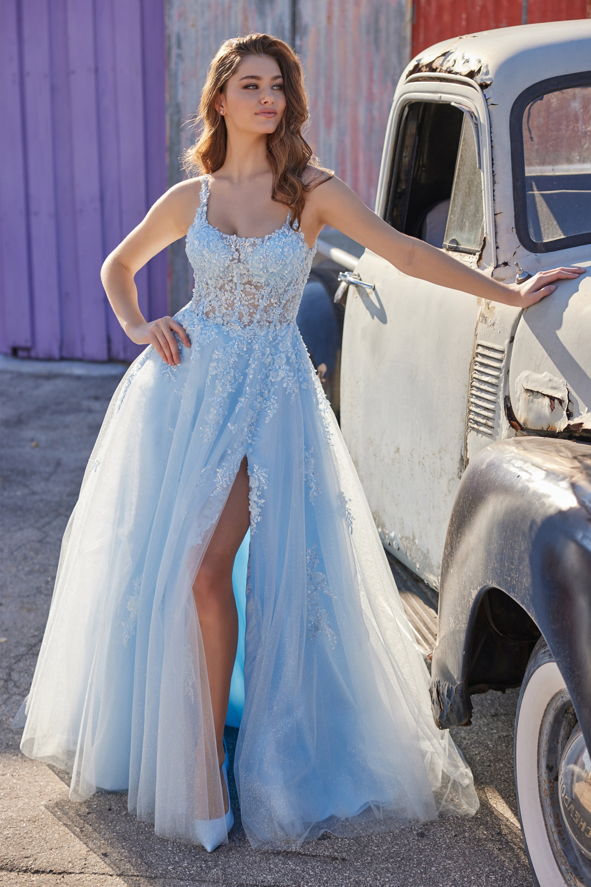 Full size EW35118 CORSET SHEER BODICE FEATURES POCKETS, FRONT SLIT AND LACE-UP BACK #0 default Ice Blue picture