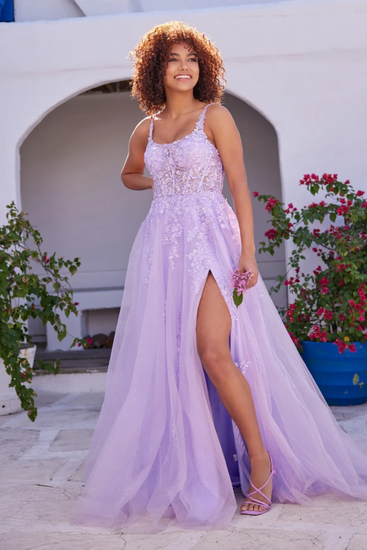 EW35118 CORSET SHEER BODICE FEATURES POCKETS, FRONT SLIT AND LACE-UP BACK #1 Lilac picture