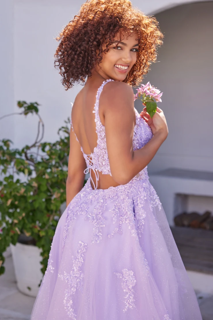 EW35118 CORSET SHEER BODICE FEATURES POCKETS, FRONT SLIT AND LACE-UP BACK #3 Lilac picture