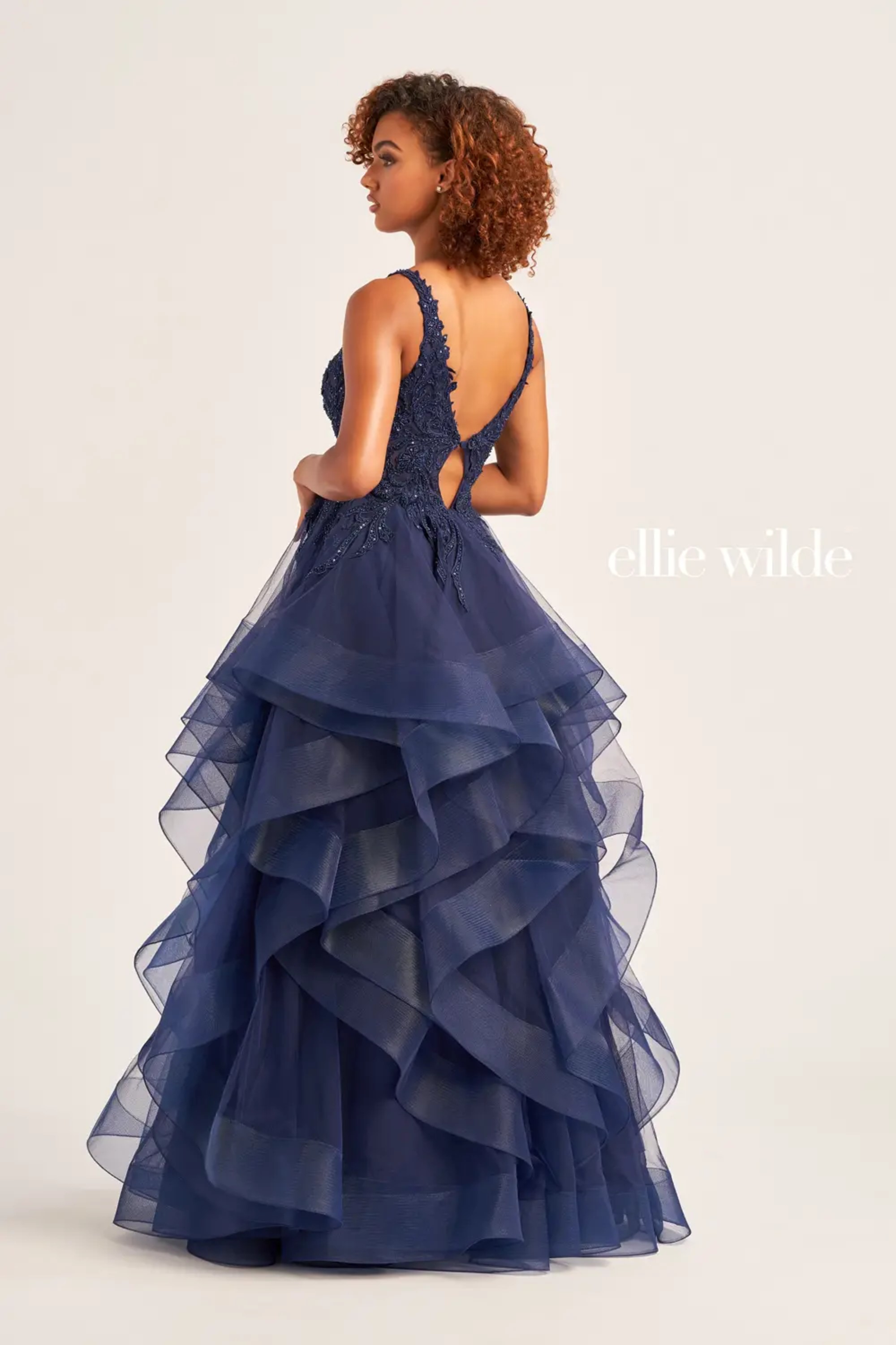 Full size EW35119 BALL GOWN WITH CASCADE RUFFLE SKIRT AND PLUNGING V-NECKLINE #3 default Navy Blue picture