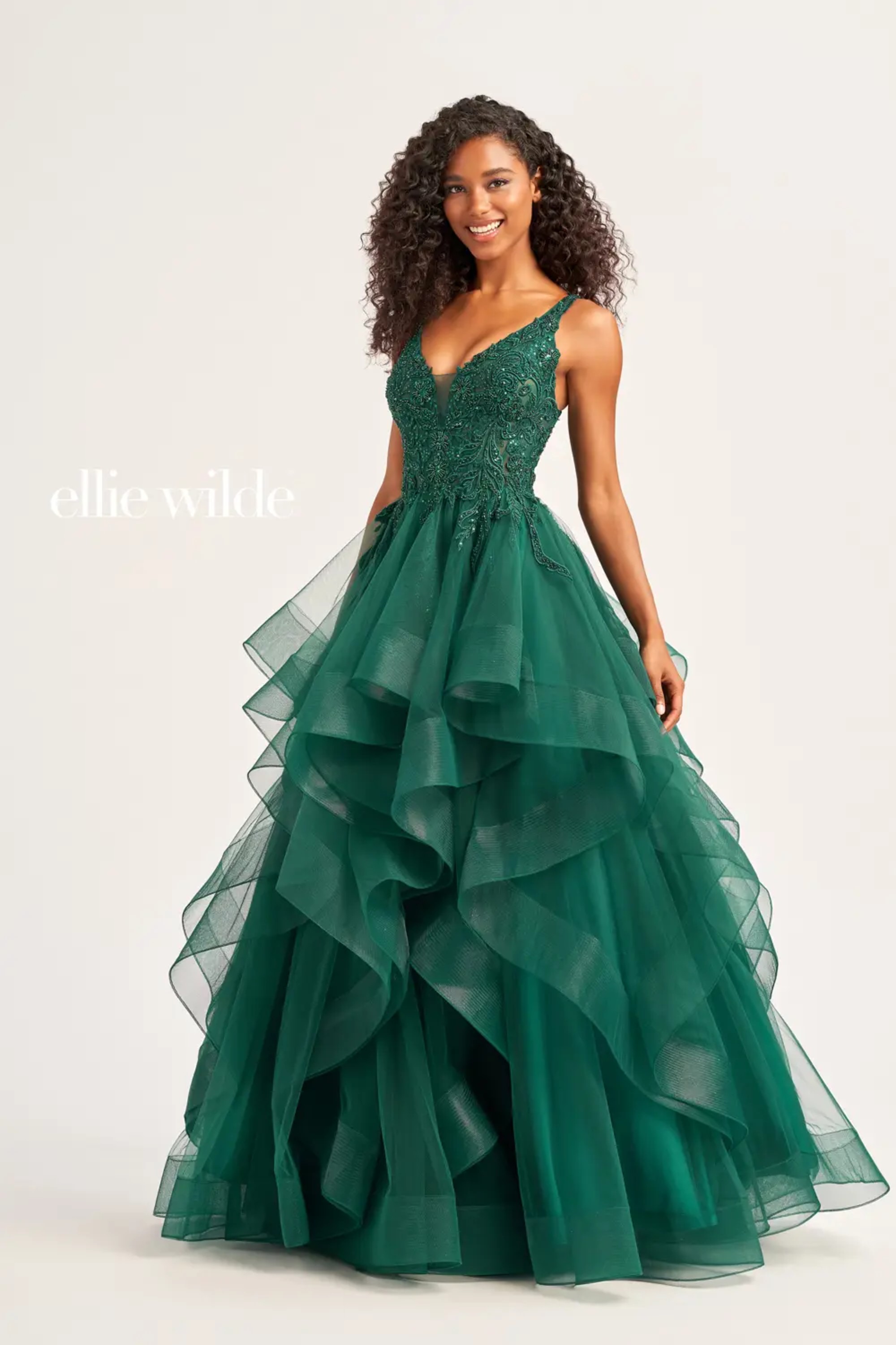 Full size EW35119 BALL GOWN WITH CASCADE RUFFLE SKIRT AND PLUNGING V-NECKLINE #5 Emerald picture
