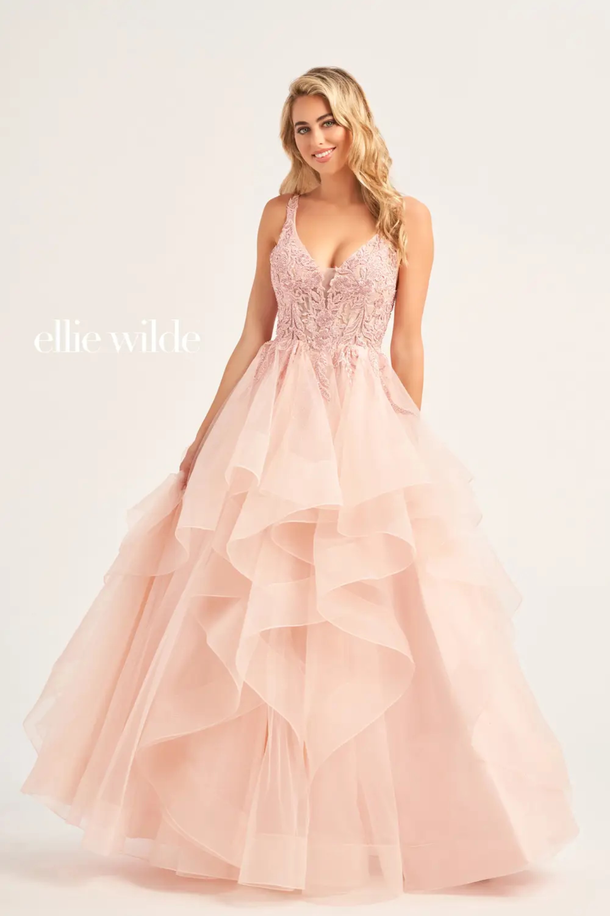 Full size EW35119 BALL GOWN WITH CASCADE RUFFLE SKIRT AND PLUNGING V-NECKLINE #4 Petal picture