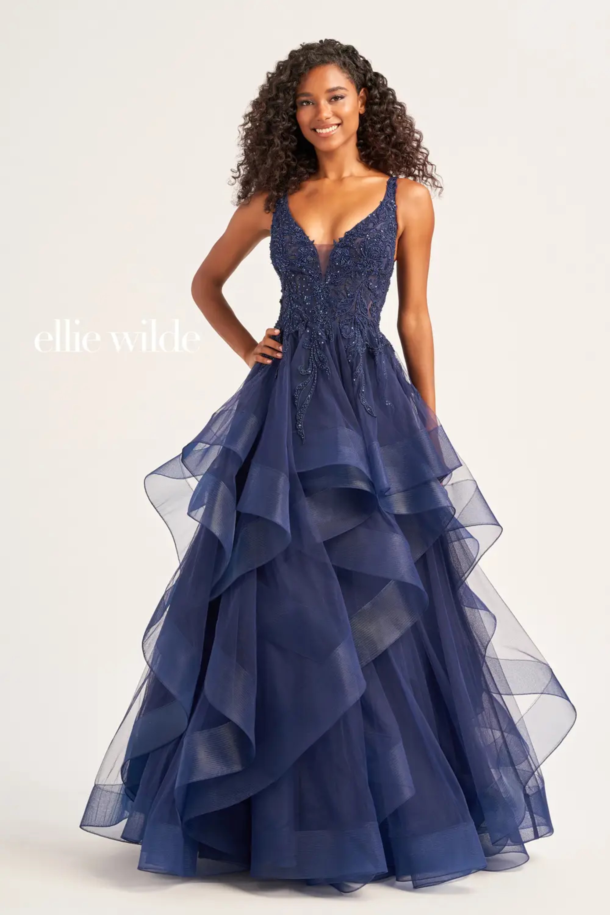 Full size EW35119 BALL GOWN WITH CASCADE RUFFLE SKIRT AND PLUNGING V-NECKLINE #2 Navy Blue picture