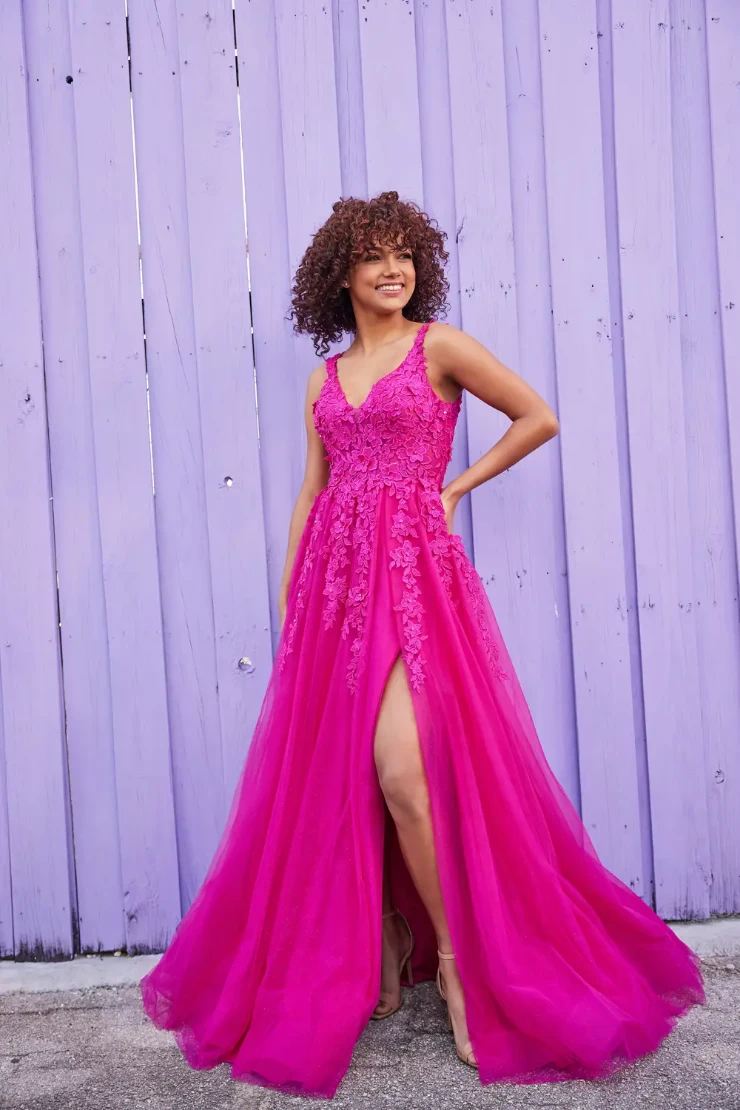 EW35121 GLITTER TULLE A-LINE WITH FRONT SLIT #3 Fuchsia picture