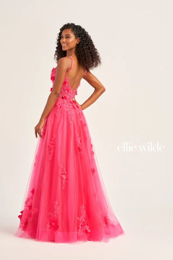 EW35122 THREE-DIMENSIONAL FLORAL LACE A-LINE DRESS WITH PLUNGING V-NECK #2 default Flamingo Pink picture