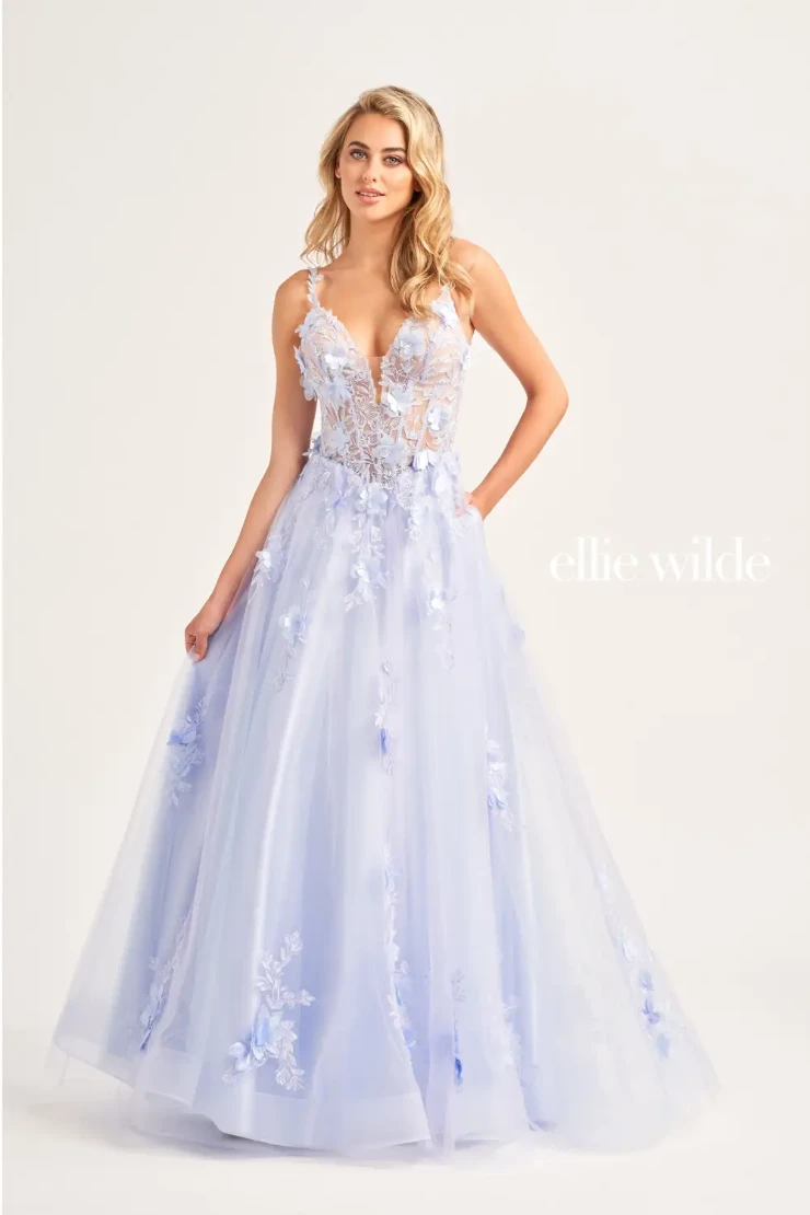 EW35122 THREE-DIMENSIONAL FLORAL LACE A-LINE DRESS WITH PLUNGING V-NECK #3 Periwinkle picture