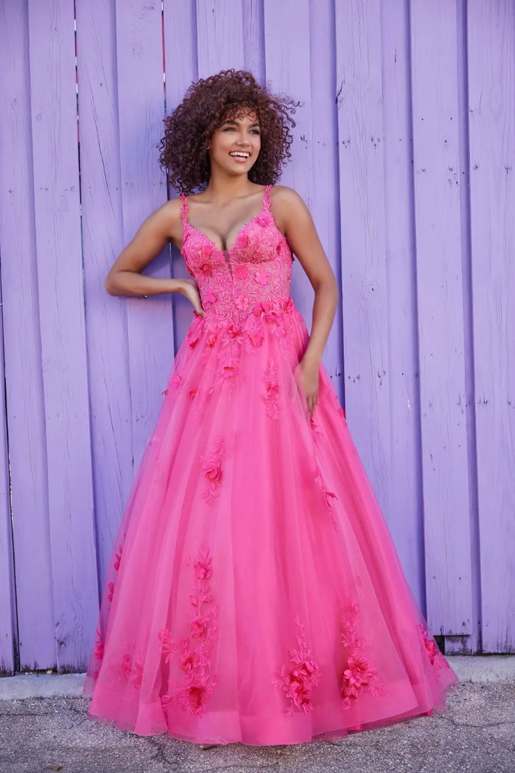 EW35122 THREE-DIMENSIONAL FLORAL LACE A-LINE DRESS WITH PLUNGING V-NECK #0 default Flamingo Pink picture