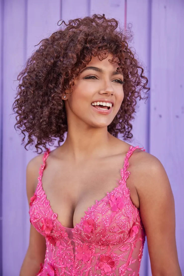 EW35122 THREE-DIMENSIONAL FLORAL LACE A-LINE DRESS WITH PLUNGING V-NECK #1 Flamingo Pink picture