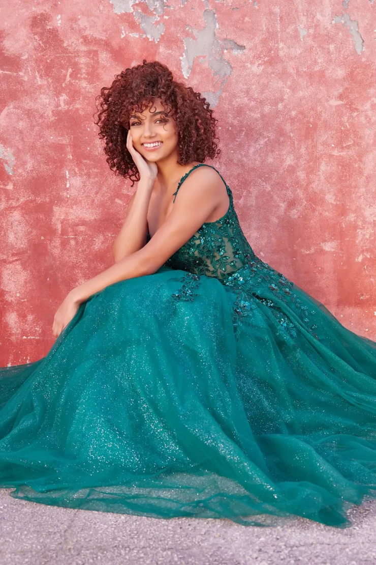 EW35123 SCOOP NECK A-LINE PROM DRESS WITH A DROPPED WAIST #3 default Emerald picture