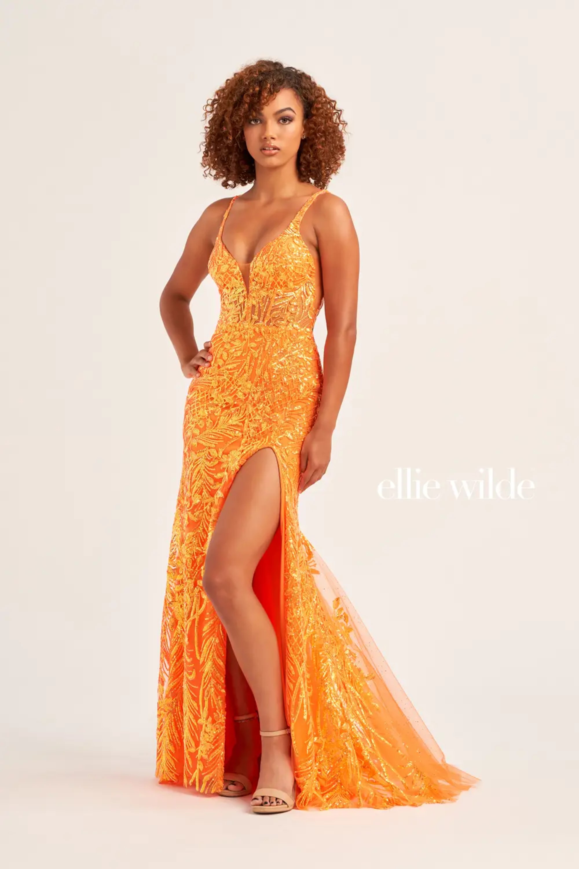 Full size EW35201 SEQUIN TULLE PROM DRESS WITH A LACE UP BACK #5 Orange picture