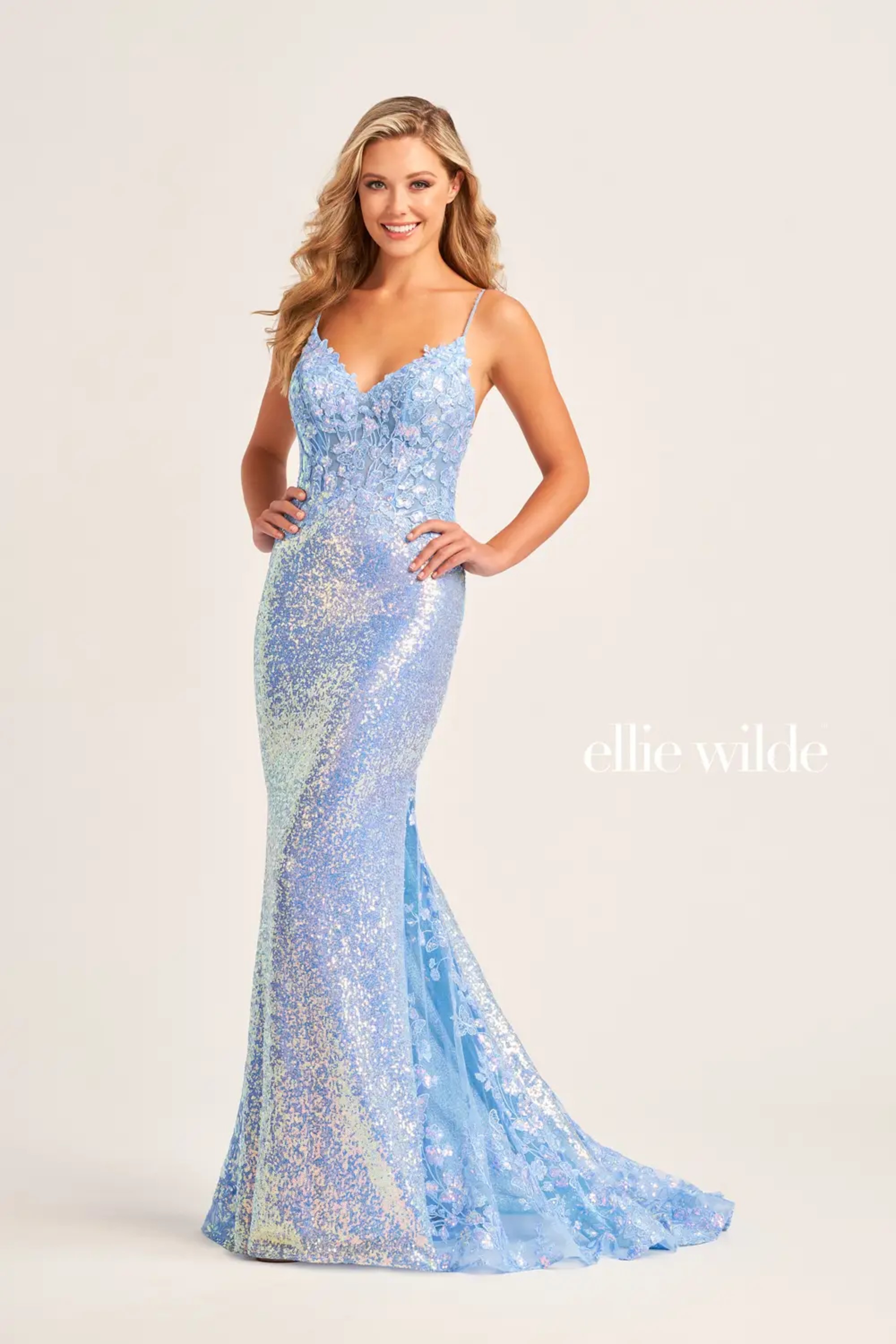 Full size EW35202 ALLOVER SEQUIN TRUMPET DRESS WITH A CORSET BODICE AND OPEN BACK #3 Light Blue picture
